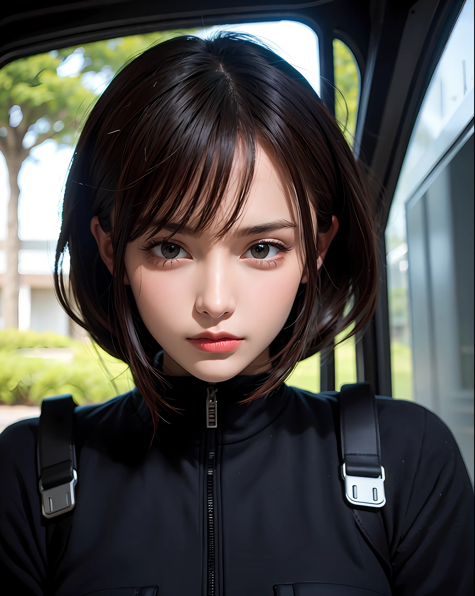 Face close-up view cinematic style, special forces girl is looking the window