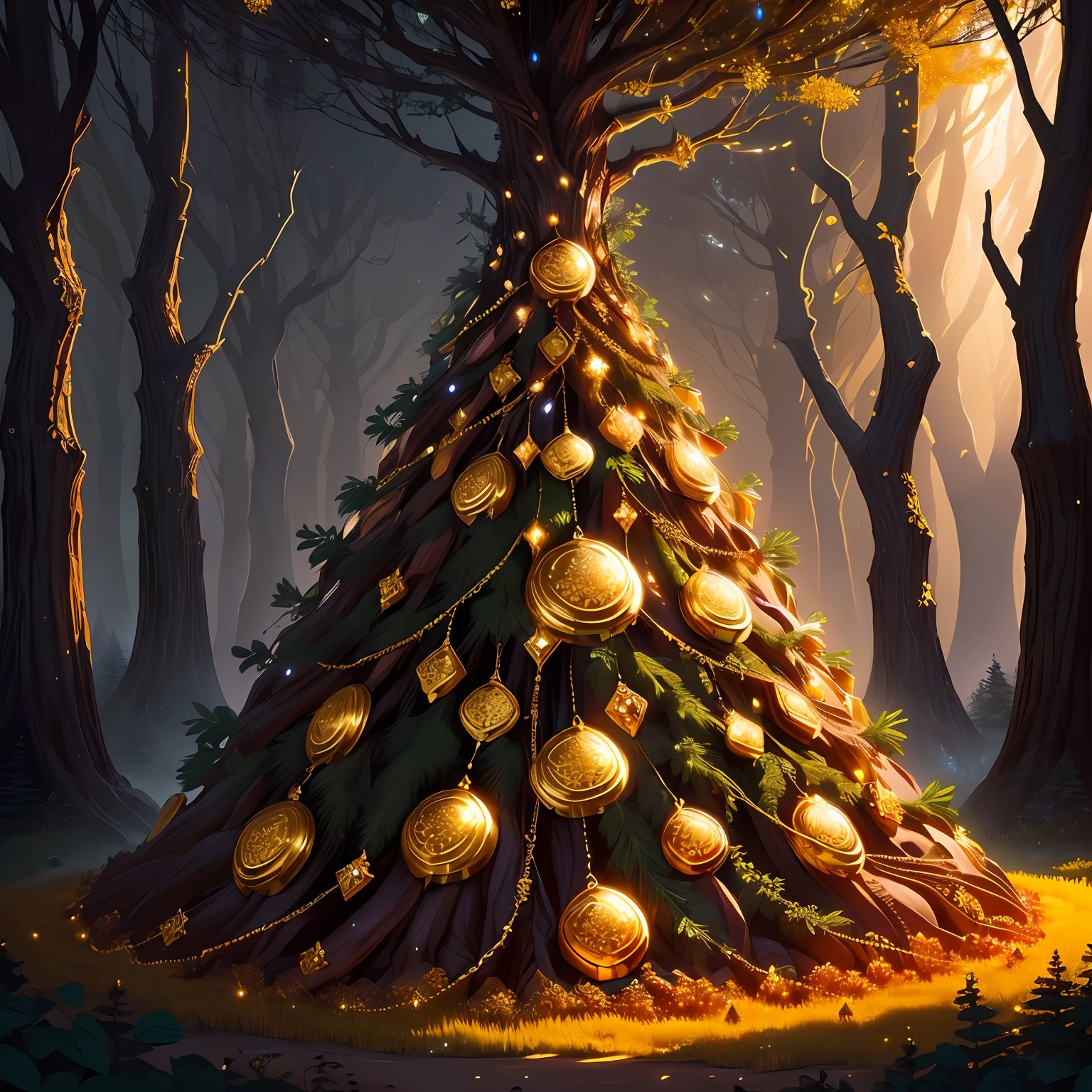 anthill filled with piles of golds and jewelrys, midnight fantasy forest-upscale