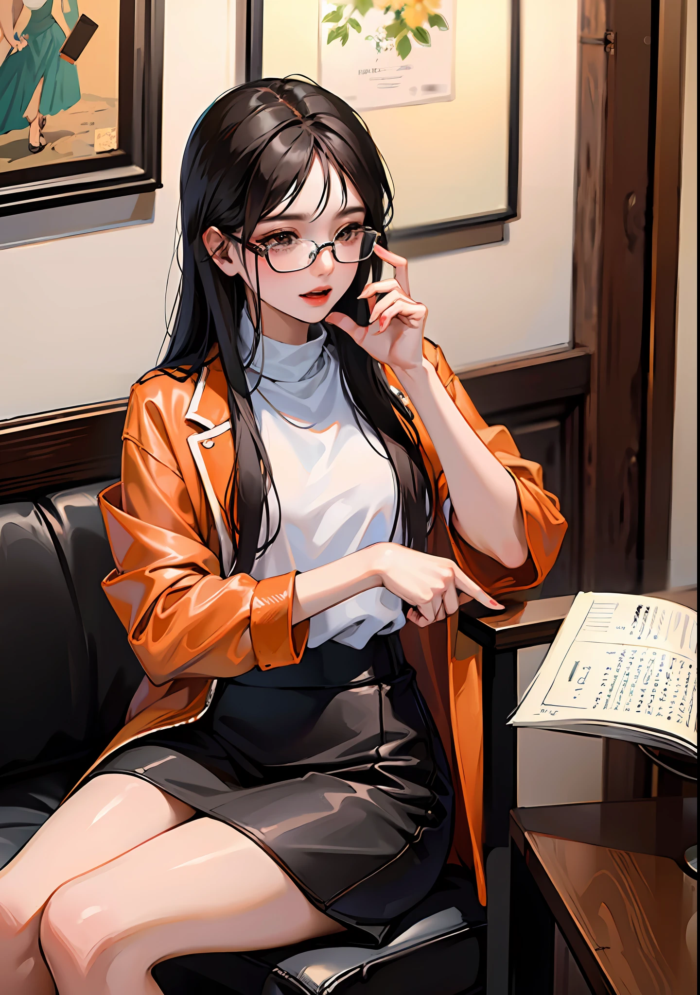 (8k, RAW photo, highly sensitive, best quality, extremely detailed hair, masterpiece, ultra high res,  photorealistic:1.25) arafed woman in glasses sitting on a block with her hand on her chin, cropped shirt with jacket, short jacket, korean women's fashion model, with square glasses, heonhwa choe, with glasses, burmese girl, modern casual clothing, , gorgeous young burmese woman, with black eyeglasses