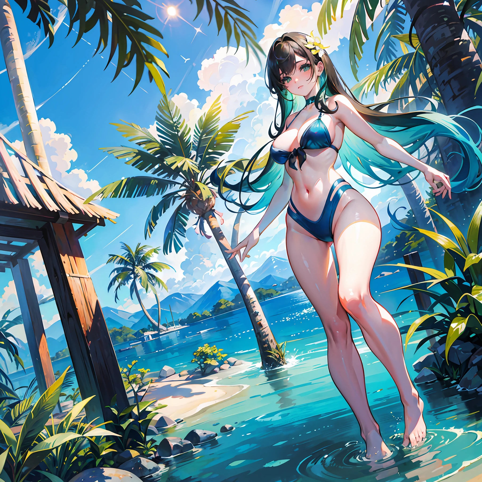 An exquisite masterpiece depicting a stunning (lagoon) with the the best possible quality; ultra-detailed and high resolution. The dynamic angle and pose draws the viewer into this gorgeous scene, captured in a watercolor-like style. The vibrant blue and green hues of the lagoon are in perfect balance with the clear white sandy beaches and lush greenery. This masterpiece transports you to a tranquil paradise with its serene depictions of sunlight, glittering waters, and swaying palm trees
