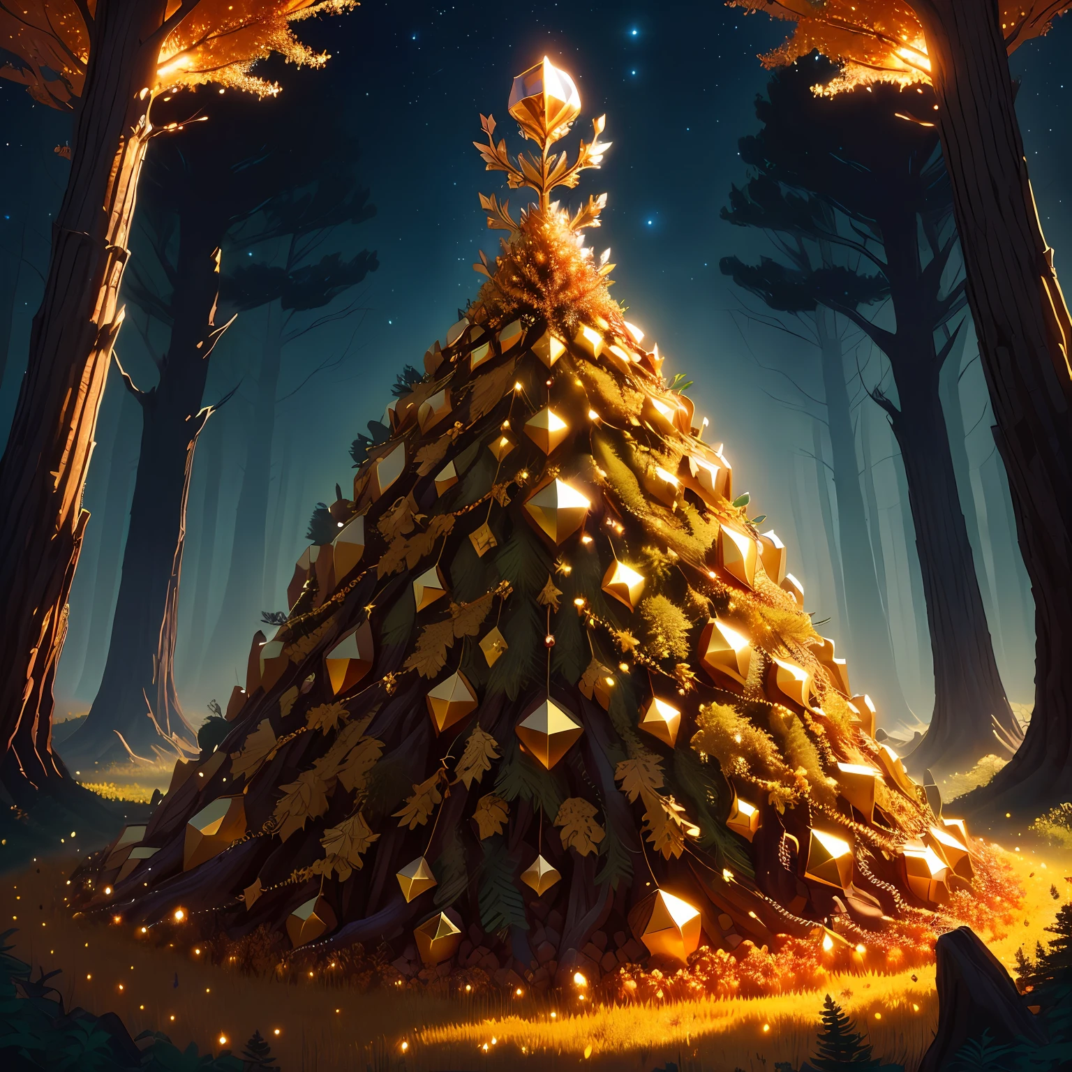 anthill filled with piles of golds and jewelrys, midnight fantasy forest-upscale