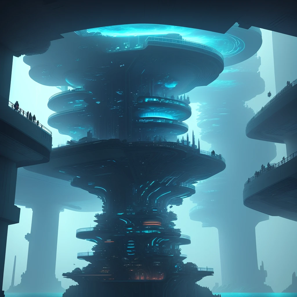 Futuristic underwater aquatic city. Many whales swimming between the buildings. Very dark atmosphere. Cityscape. Underwater landscape. Underwater city. Underwater city. Dark. Blue light. Underwater light. Aquatic. Concept Art.