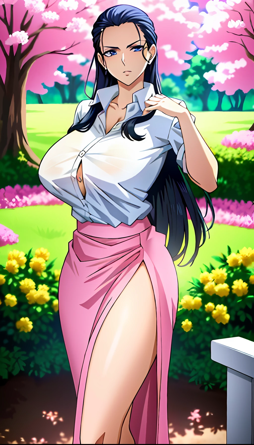 ((Best quality and masterpiece: 1.2)), nico robin, busty body, highly detailed, big breasts, hair slicked back, (white shirt:1.2), (pink skirt:1.2), perfect body, perfect body parts, high saturation, beautiful face, detailed face, detailed eyes, highres Anime screencap, standing, garden background, cowboy shot