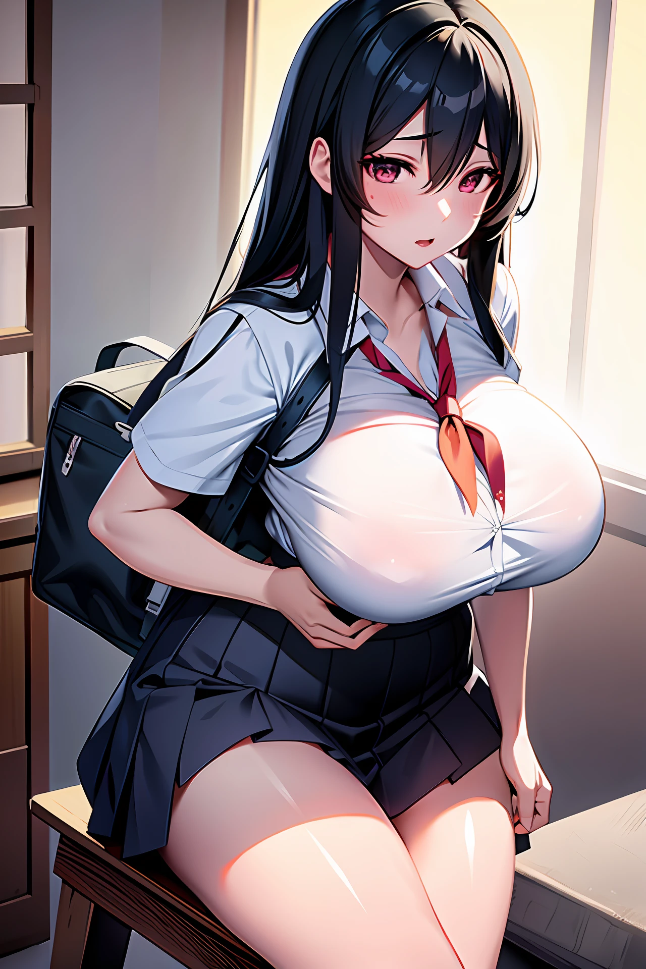 schoolgirl, huge breasts, long black hair untied, long black hair, twisted eyes, long eyelashes, nice and cute huge breasts, upskirt, big boobs, thighs, anime style, big boobs emphasized, naughty anime style, ecchi sexy thighs, naughty thighs, smooth anime cg art, surreal schoolgirl, seductive anime girl, realistic schoolgirl, smooth anime cg art, anime girl, beautiful anime schoolgirl, beautiful anime girl, beautiful attractive anime girl, ecchi anime style, photorealistic rendering of anime girl,