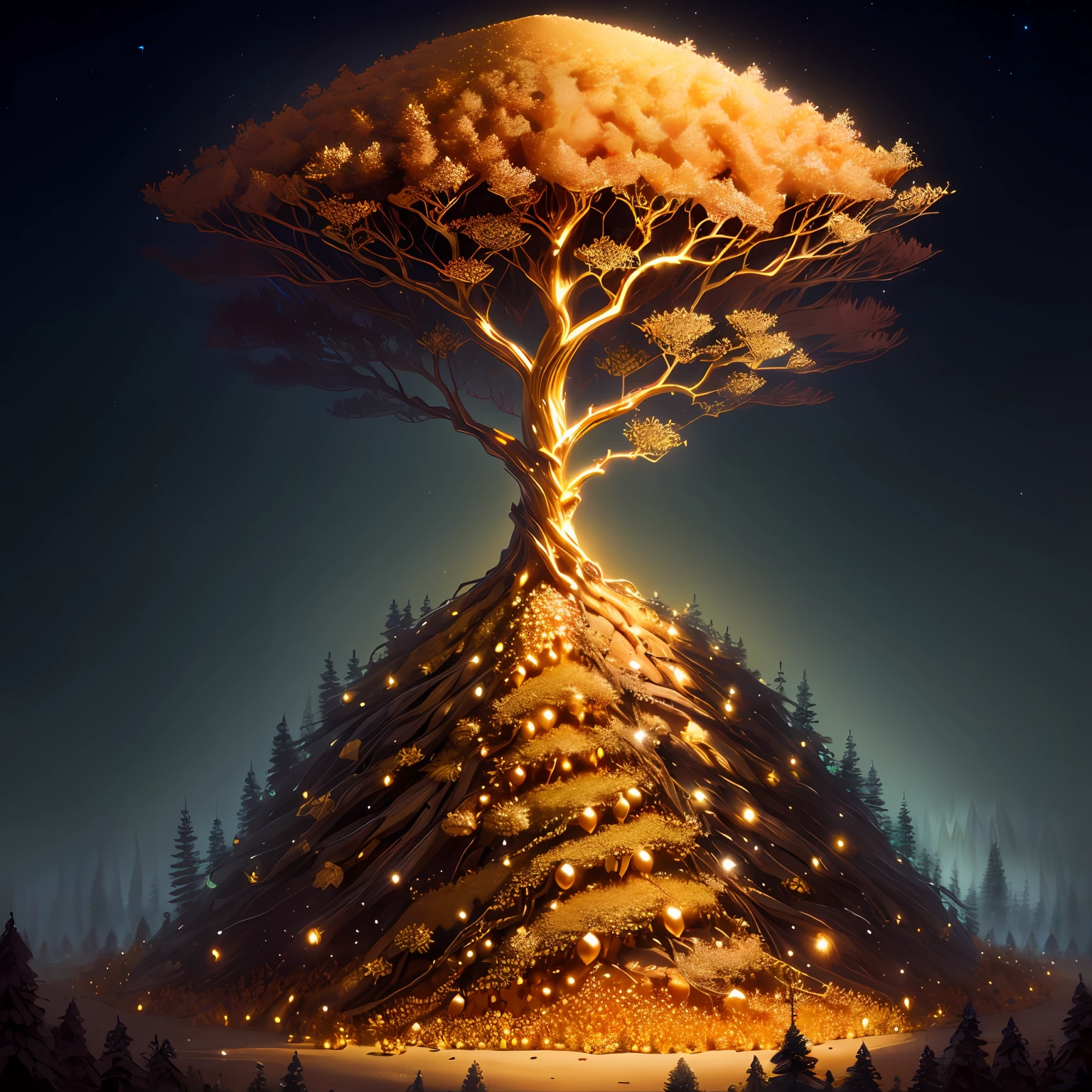 anthill filled with piles of golds and jewelrys, midnight fantasy forest-upscale