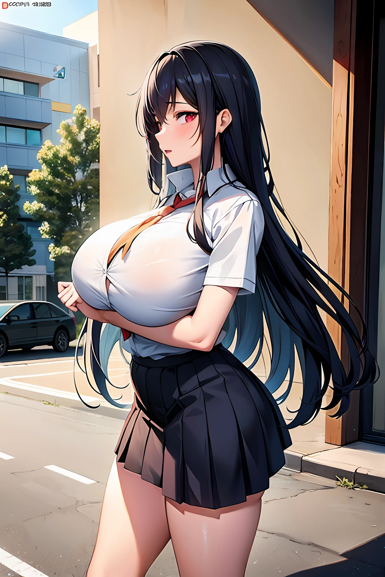 schoolgirl, huge breasts, long black hair untied, long black hair, twisted eyes, long eyelashes, nice and cute huge breasts, upskirt, big boobs, thighs, anime style, big boobs emphasized, naughty anime style, ecchi sexy thighs, naughty thighs, smooth anime cg art, surreal schoolgirl, seductive anime girl, realistic schoolgirl, smooth anime cg art, anime girl, beautiful anime schoolgirl, beautiful anime girl, beautiful attractive anime girl, ecchi anime style, photorealistic rendering of anime girl,