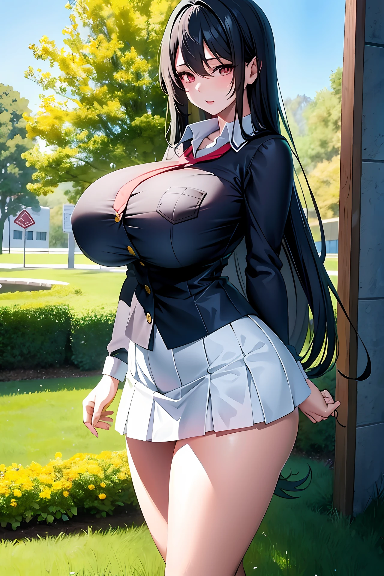 schoolgirl, huge breasts, long black hair untied, long black hair, twisted eyes, long eyelashes, nice and cute huge breasts, upskirt, big boobs, thighs, anime style, big boobs emphasized, naughty anime style, ecchi sexy thighs, naughty thighs, smooth anime cg art, surreal schoolgirl, seductive anime girl, realistic schoolgirl, smooth anime cg art, anime girl, beautiful anime schoolgirl, beautiful anime girl, beautiful attractive anime teen girl, ecchi anime style, photorealistic rendering of anime girl,