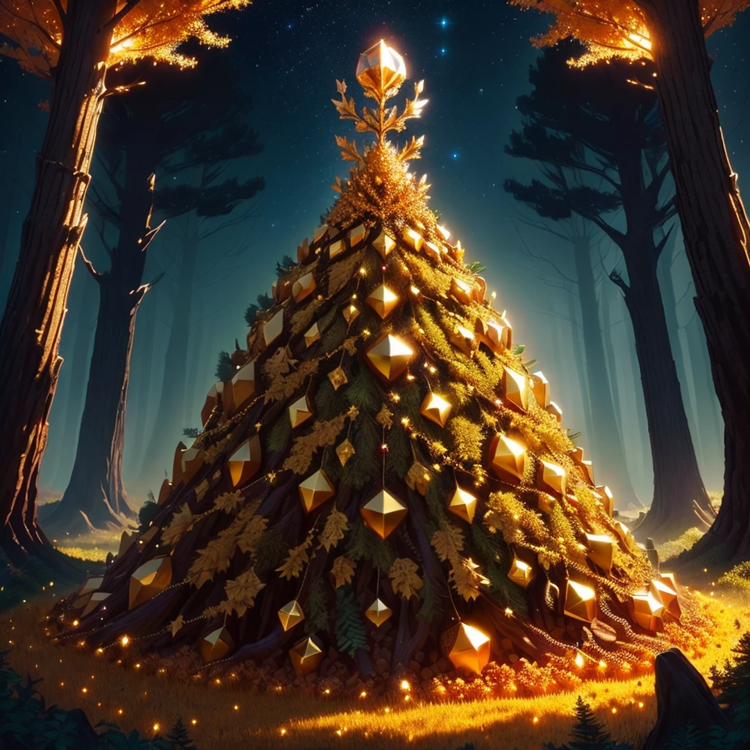 anthill filled with piles of golds and jewelrys, midnight fantasy forest-upscale