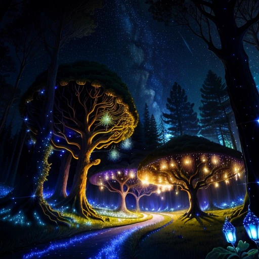 Enchanted and sparkling anthill, wonderful and fairytale forest, fireflies lit and twirling, starry night, majestic trees in the background, atmosphere-upscale, HDR,4K, realistic