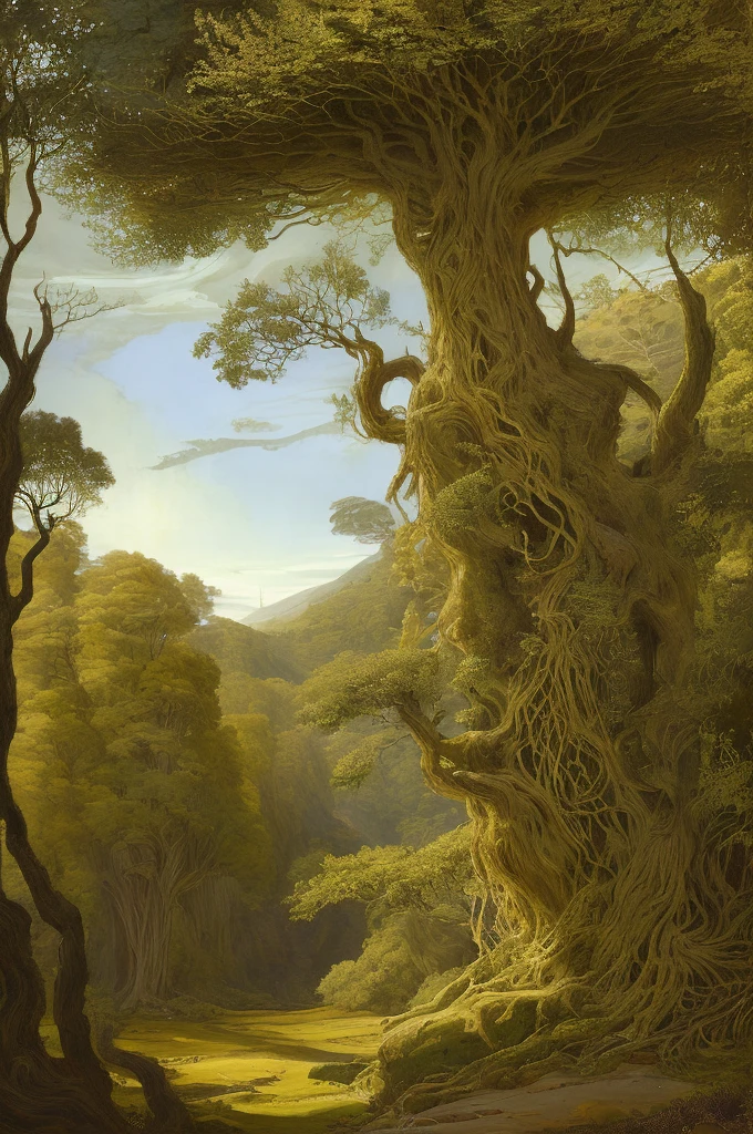 (((Pre-Raphaelite painting))) an ancient and twisted yew tree, its branches touch the heavens and its roots are exposed. Shades golden, yew, yew