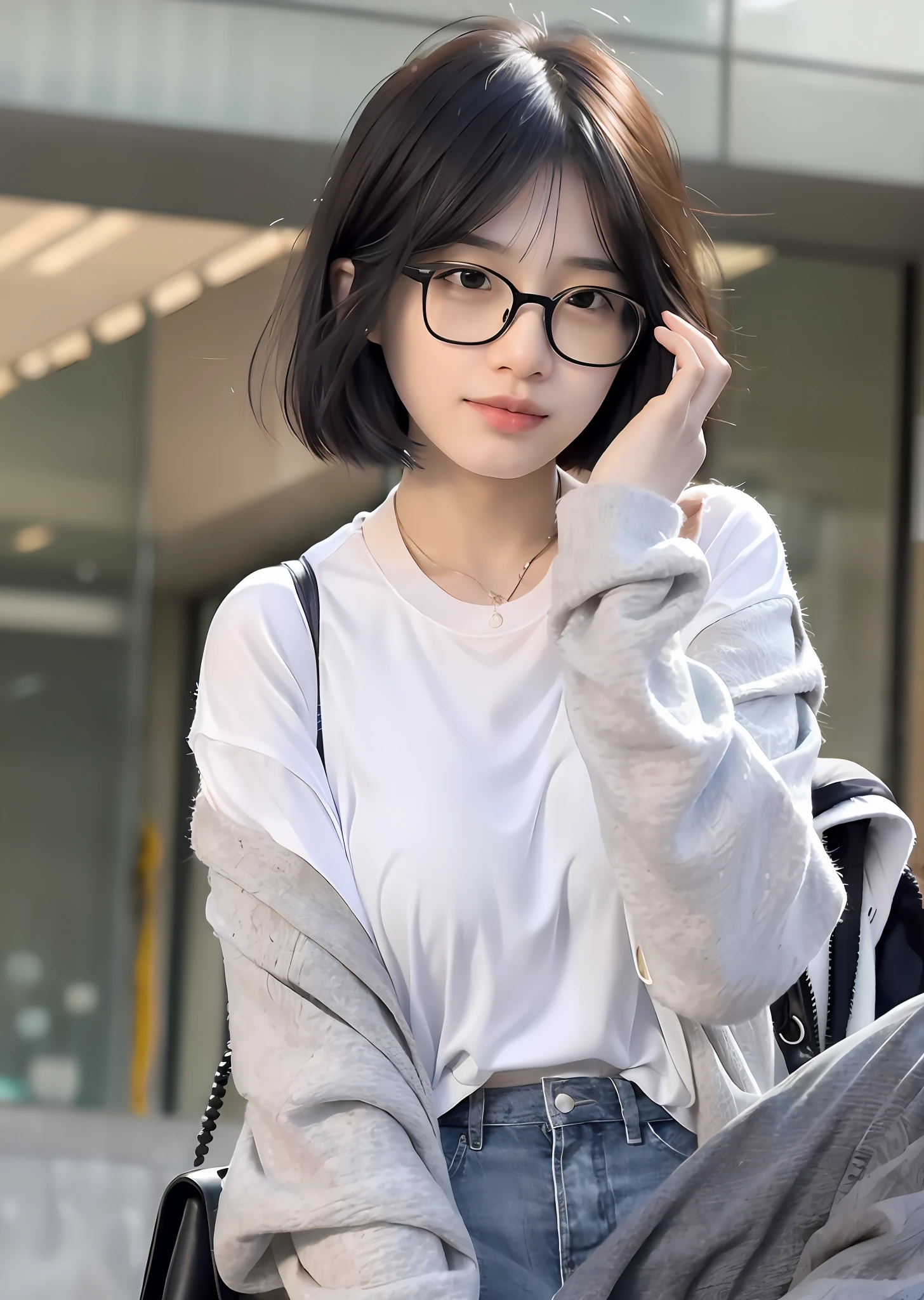 best quality, (photorealistic:1.2), 1girl, solo, shiny skin, detailed face, face focus, black hair, (glasses), bob cut, (looking at viewer:1.5), black eyes, (one eye closed), white shirt, torn jeans,arafed woman in glasses sitting on a block with her hand on her chin, cropped shirt with jacket, short jacket, korean women's fashion model, with square glasses, heonhwa choe, with glasses, burmese girl, modern casual clothing, , gorgeous young burmese woman, with black eyeglasses