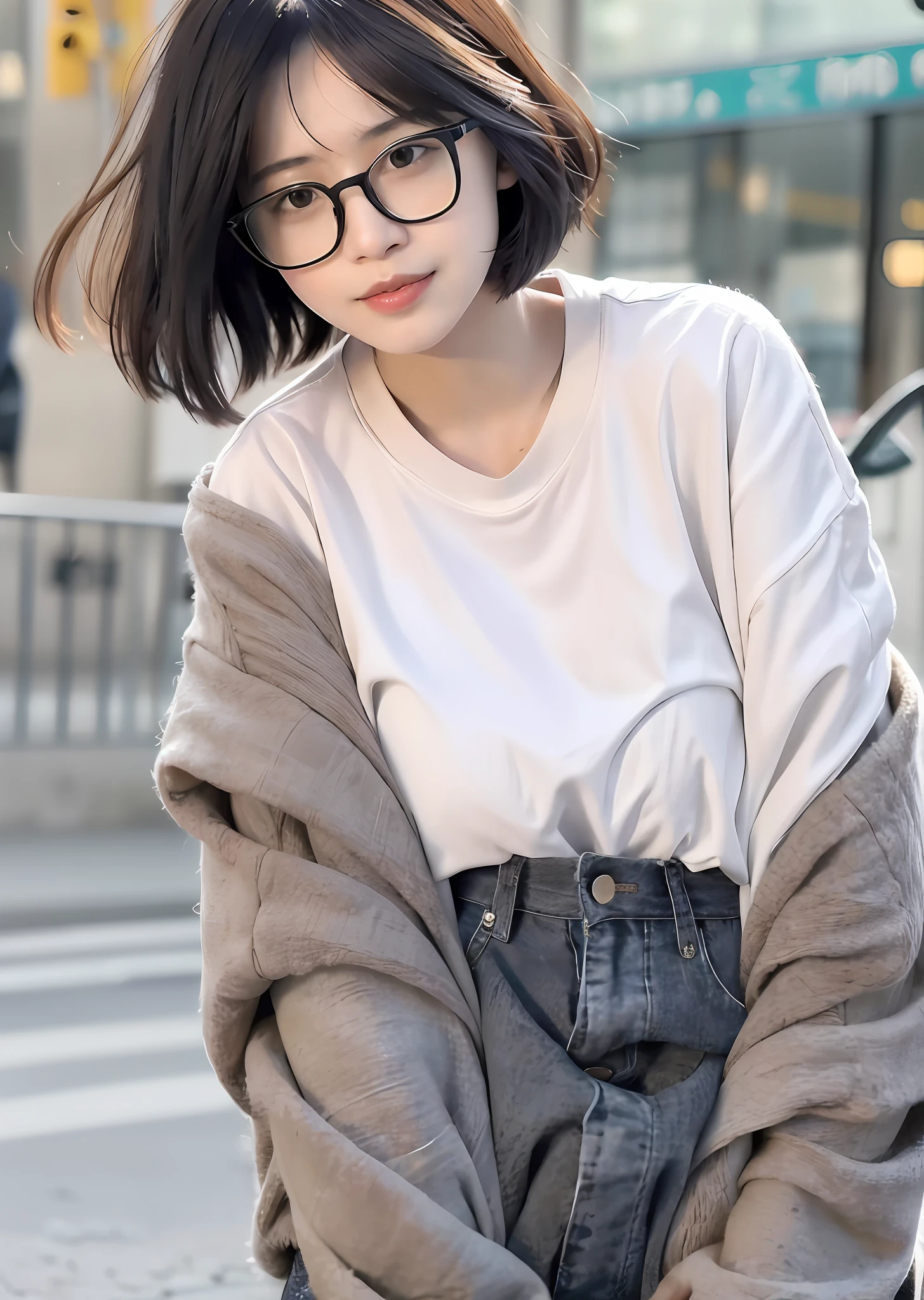 best quality, (photorealistic:1.2), 1girl, solo, shiny skin, detailed face, face focus, black hair, (glasses), bob cut, (looking at viewer:1.5), black eyes, (one eye closed),  white shirt, torn jeans,arafed woman in glasses sitting on a block with her hand on her chin, cropped shirt with jacket, short jacket, korean women's fashion model, with square glasses, heonhwa choe, with glasses, burmese girl, modern casual clothing, , gorgeous young burmese woman, with black eyeglasses