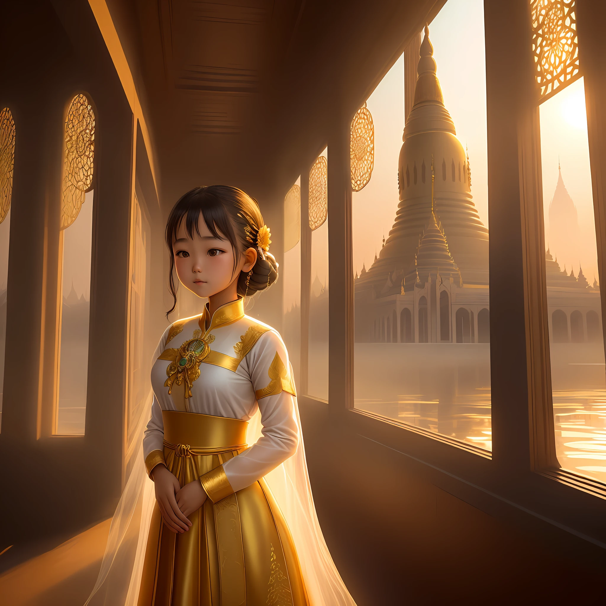 /imagine a young Burmese girl dressed in traditional attire standing gracefully in front of the magnificent Shwedagon Pagoda at sunrise, with golden rays illuminating the scene. The girl's dress is adorned with vibrant colors and intricate patterns, reflecting the rich cultural heritage of Myanmar. The pagoda stands tall in the background, its golden surface glistening in the morning light. A sense of awe and serenity fills the air as the girl embraces the spirituality and beauty of her surroundings.