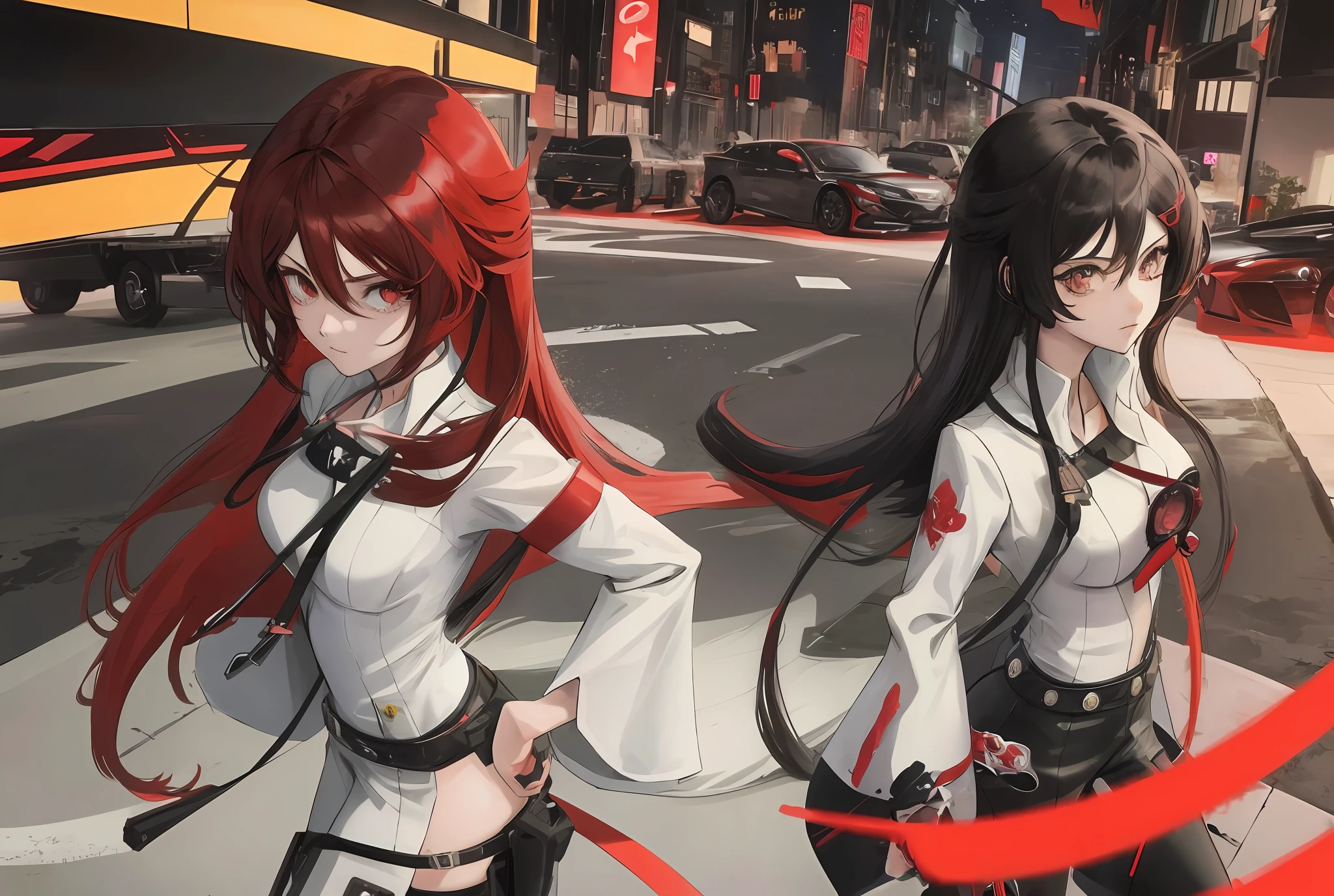 Anime girl standing in front of red sports car, city background, anime style 4K, badass anime 8K, anime girl with long hair, anime girl with long black hair, one girl,