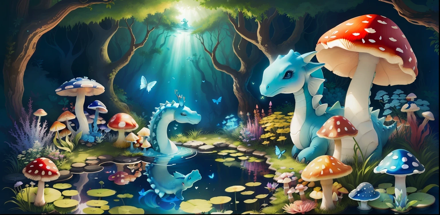 a lapras situated in a small pond with some colorful mushrooms and butterflies around, with some magical visual effects, fantasy, ambiance hd, HDR upscale