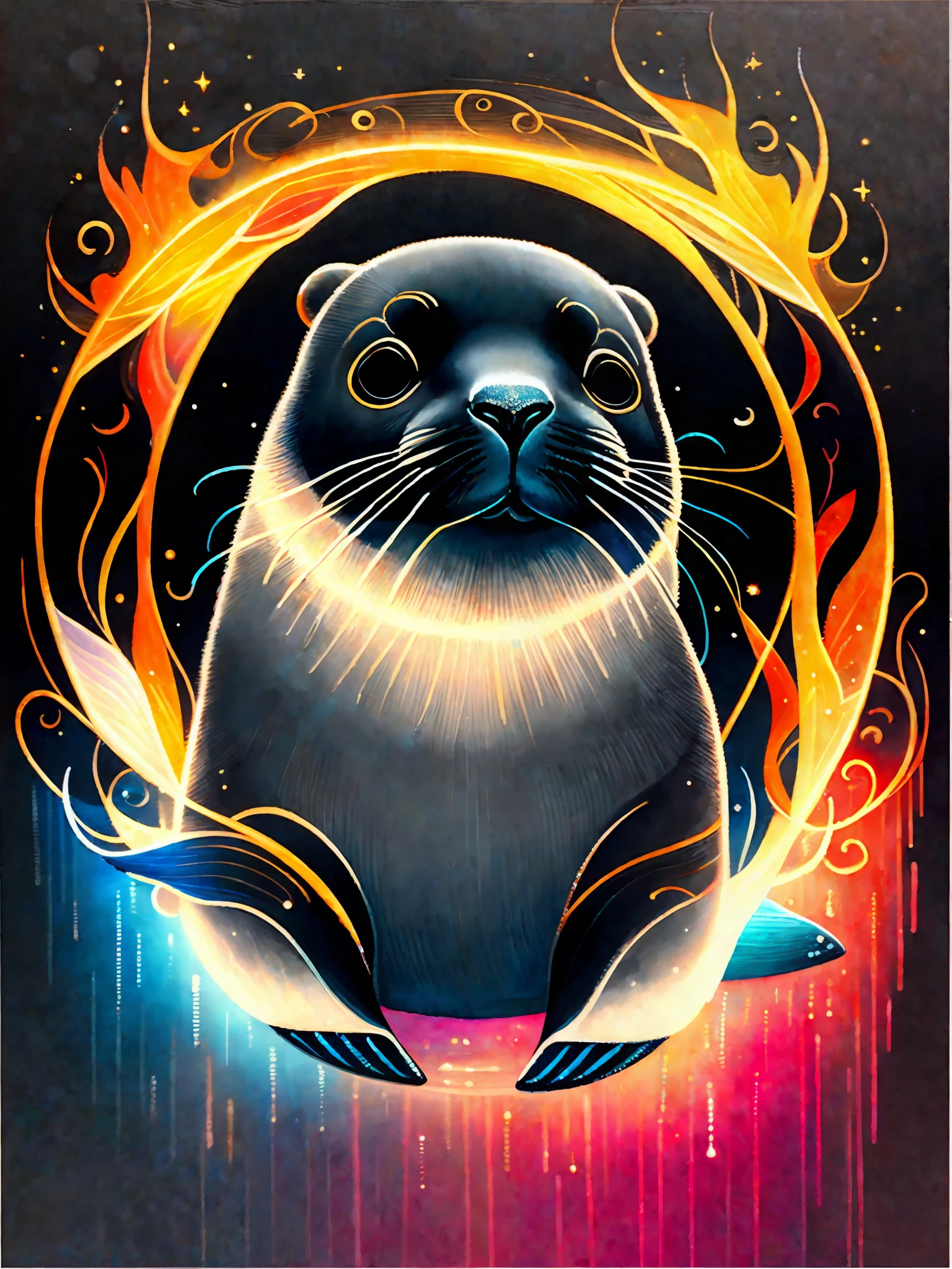 a painting of a colored seal on a black background,, breathtaking rendering, within a radiant connection, inspired by Kinuko Y. Craft,, magical elements, seal icon, wow, is beautiful, casting a multi colorful spell, bright flash, flash