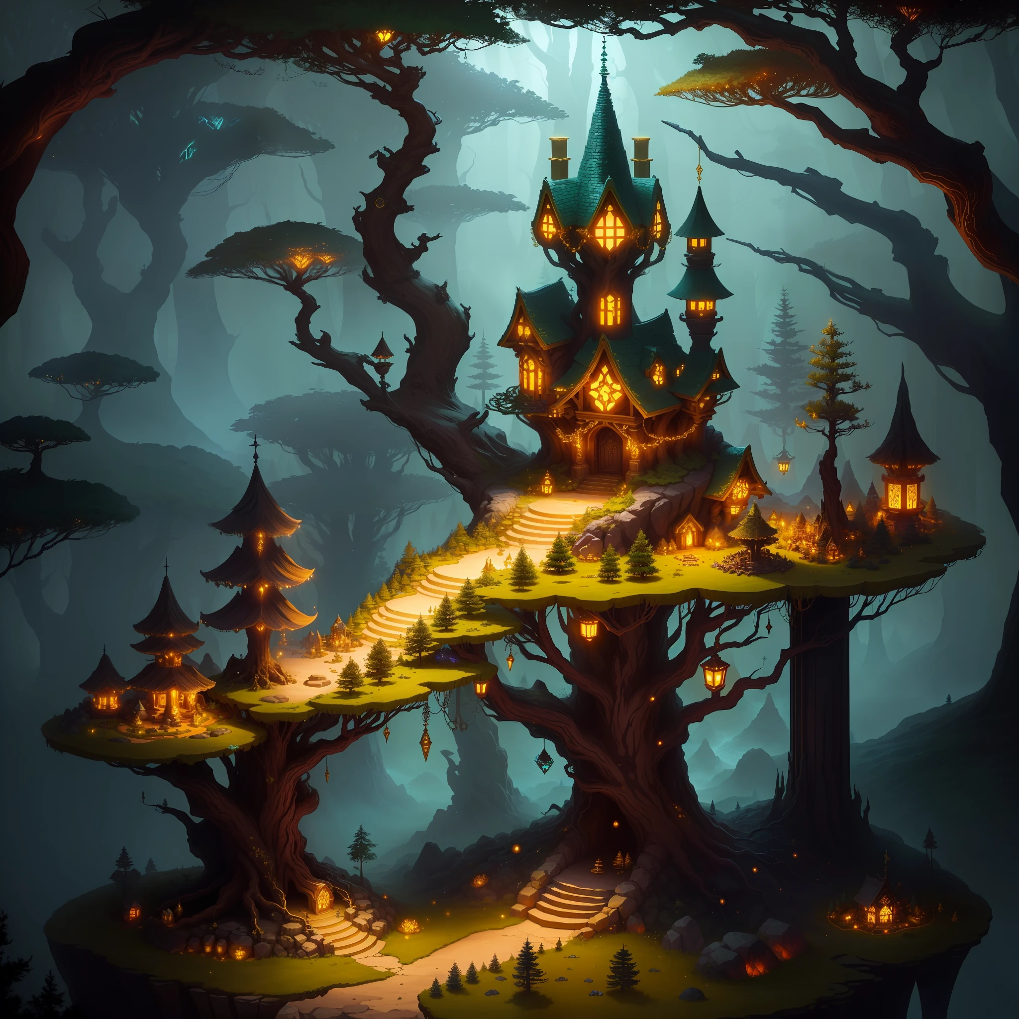 anthill's base filled with piles of gold and treasures and jewelry, fantasy forest ambiance, midnight fantasy forest