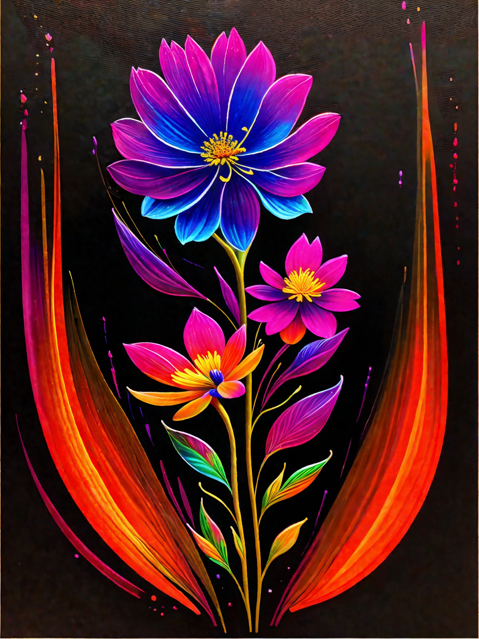 a painting of a colorful flower on a black background,, breathtaking rendering, within a radiant connection, inspired by Kinuko Y. Craft,, magical elements, flower icon, wow, is beautiful, casting a multi colorful spell, bright flash, flash