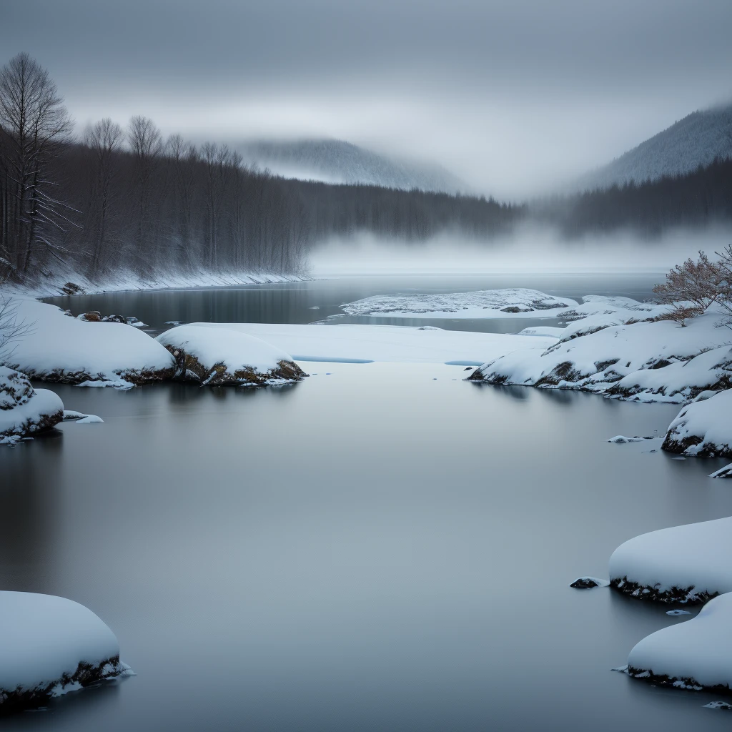 RAW photo, winter landscape, heavy fog, spring water, blue water, 8k uhd, dslr, soft lighting, high quality, film grain, Fujifilm XT3