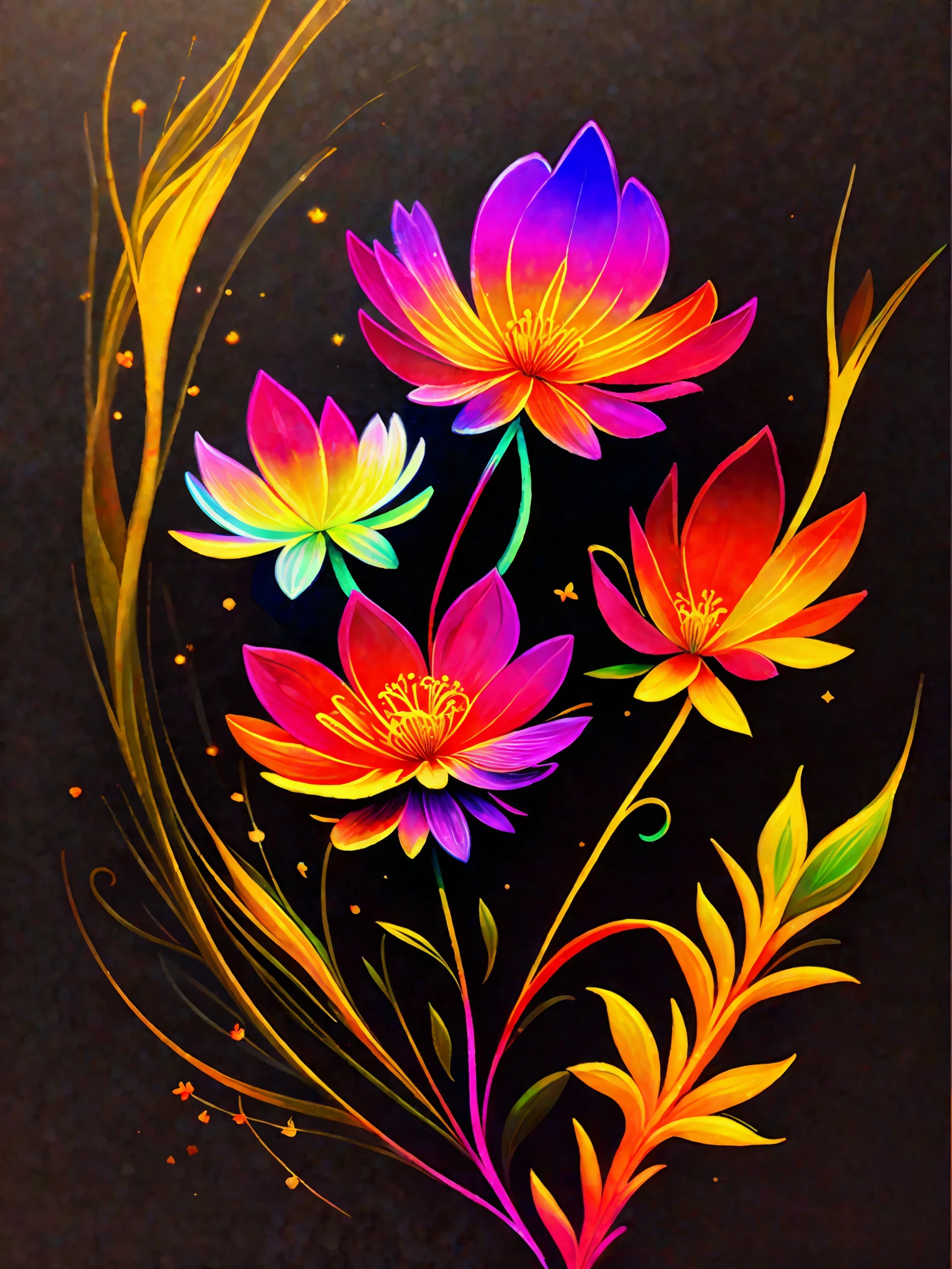 a painting of a colorful flower on a black background,, breathtaking rendering, within a radiant connection, inspired by Kinuko Y. Craft,, magical elements, flower icon, wow, is beautiful, casting a multi colorful spell, bright flash, flash