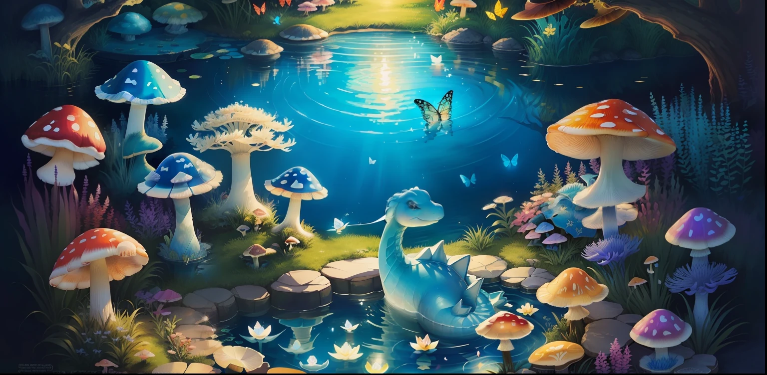 a lapras situated in a small pond with some colorful mushrooms and butterflies around, with some magical visual effects, fantasy, ambiance hd, HDR upscale