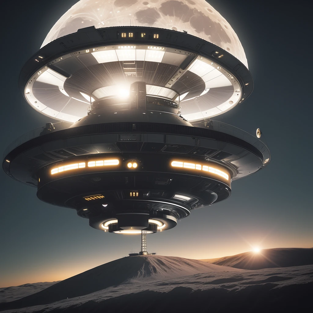 Technological UFO, appearing at night, on the Moon