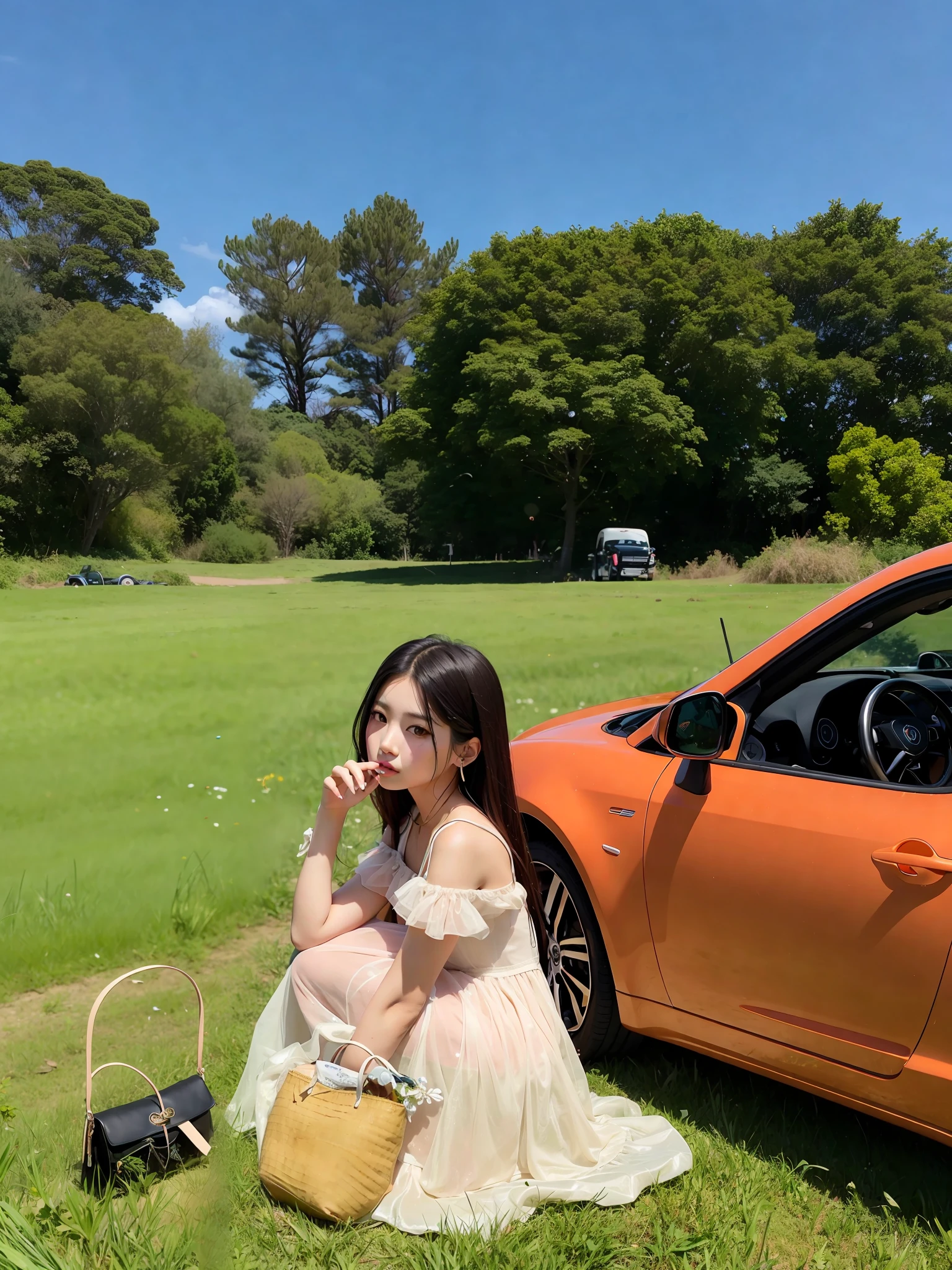 araffe sitting on the grass next to a car in a field, sitting in her car, bae suzy, photoshoot, on a sunny day, jisoo from blackpink, in a sunny day, park in background, jisoo of blackpink, 🤬 🤮 💕 🎀, cover shot, jia, shot at golden hour, ( golden hour ), (golden hour), blackpink jennie