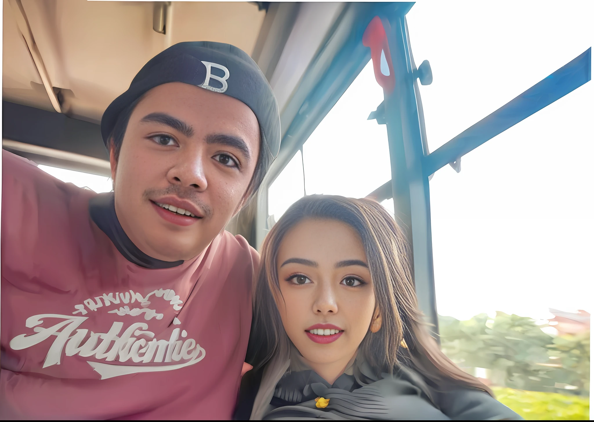 There is a man and a woman posing for a photo on a bus, 8k selfie photography, Snapchat photo, selfie, filter, shot on GoPro9, photo sent, Frank Franzzeta and Sakimichan, realistic photo, taken on Go Pro Hero8, 😊 🥰 ❤️ digital art. @mariomaniacdude, man with hat, black hat, black hat with letter:(B, B) embroidered, woman with sexy gray dress and bow on the neck, elegant woman, woman with brown hair, woman with wavy, muscular man, strong man, European couple, man hugging woman, truck window background:(forest),