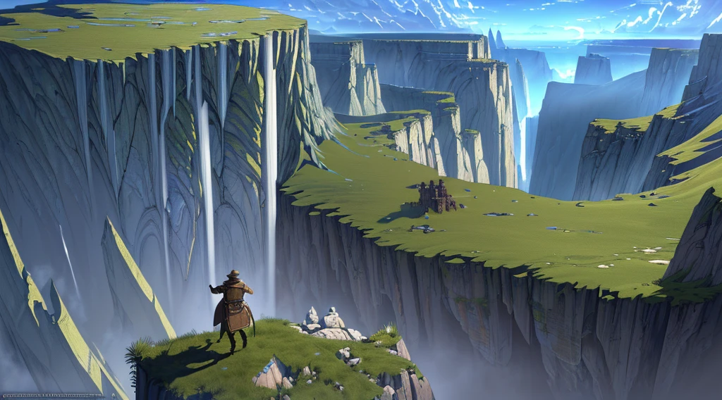 (Ultra detailed), (masterpiece), (best quality), (very detailed CG unit 8k wallpaper), (((extremely wide shot))), ((a medieval explorer)), male, (((in the fantasy world))), other dimension, deformed clouds, back view, ((at the top of a cliff)), male anatomy, soft light, conceptual, dramatic, cinematic, highly detailed, stylized wallpaper, (((aéria view))