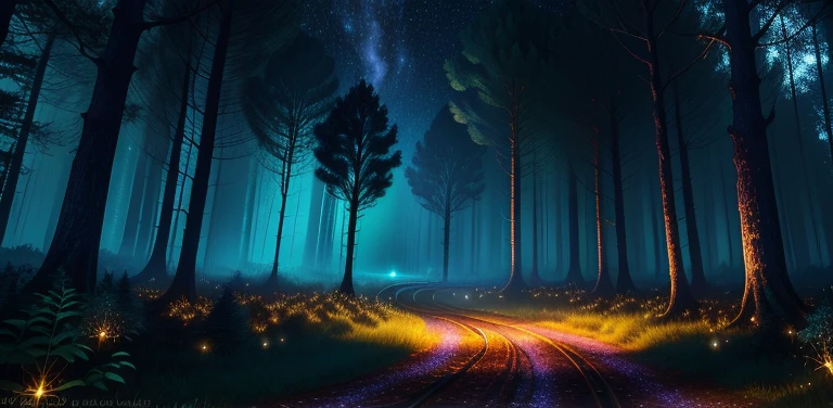 Enchanted Anthil , magical setting, dark and gloomy forest, fireflies in the trees, starry night, 4K realistic