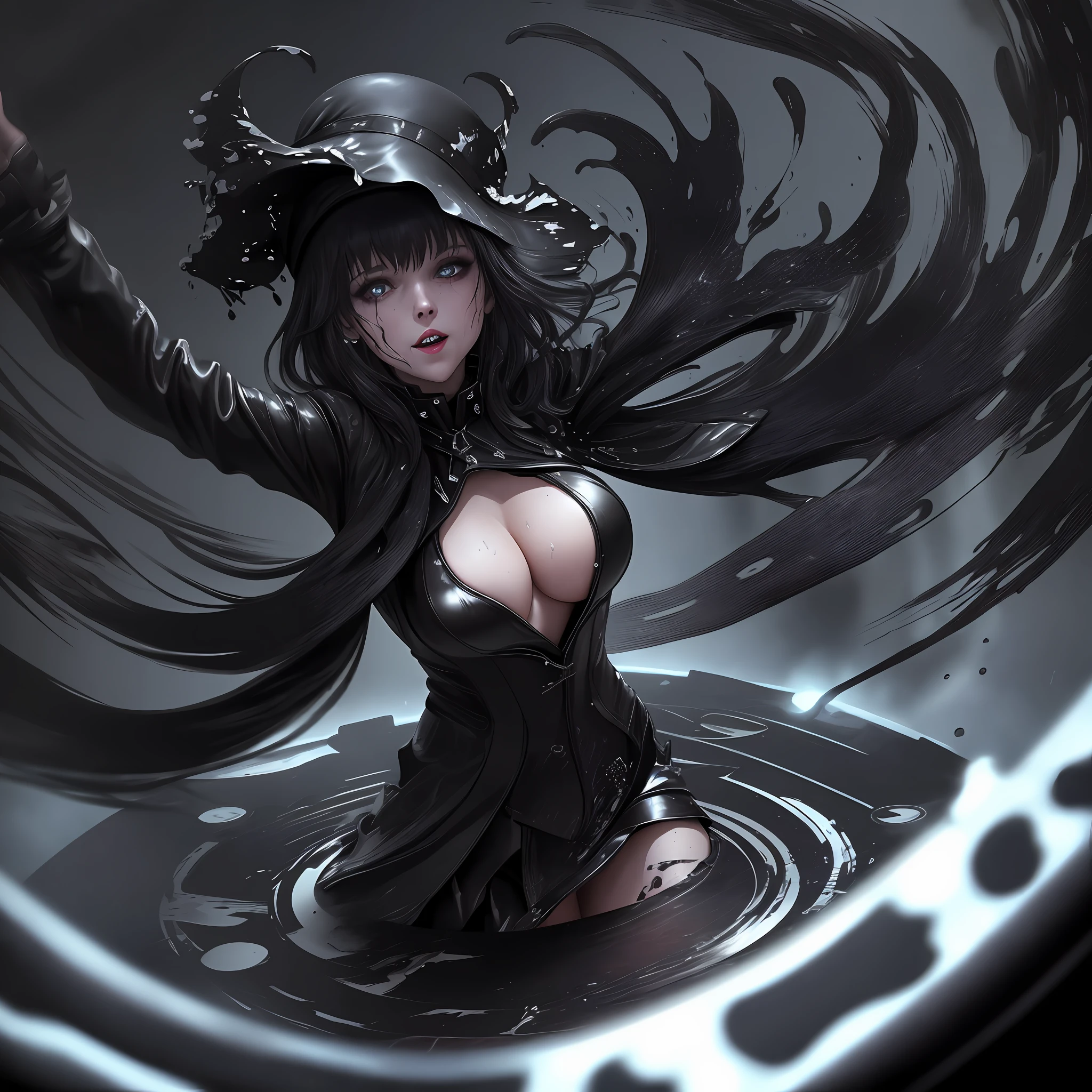 She slides her fingers across the decks, creating a rhythmic cacophony of sound. As she moves, black goo oozes from her fingertips and spreads across the surface, creating a dark and mesmerizing spectacle.