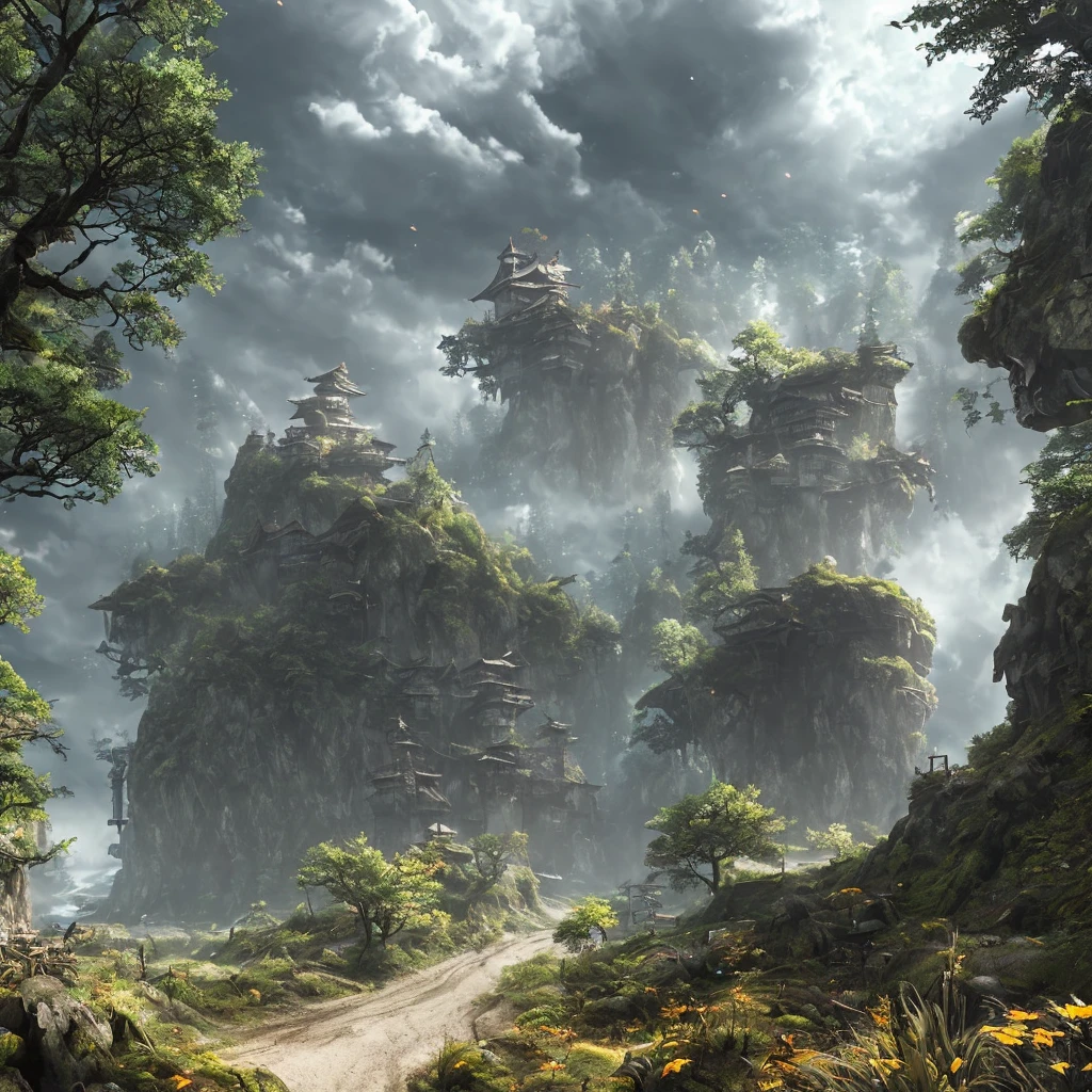 (extremely detailed CG unity 8k wallpaper, masterpiece, best quality, ultra-detailed), best illumination, best shadow, floating, high saturation, (1 samurai), traditional armor, katana, dynamic pose, (white hair:1.3+black hair:1.3+brown hair:1.2), detailed and beautiful eyes, stern expression, lightning, smoke, sunset, wide shot, dark forest, gravel ground.
