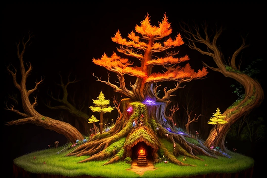 fantasy redwood stump as anthill, vivid, epic, art