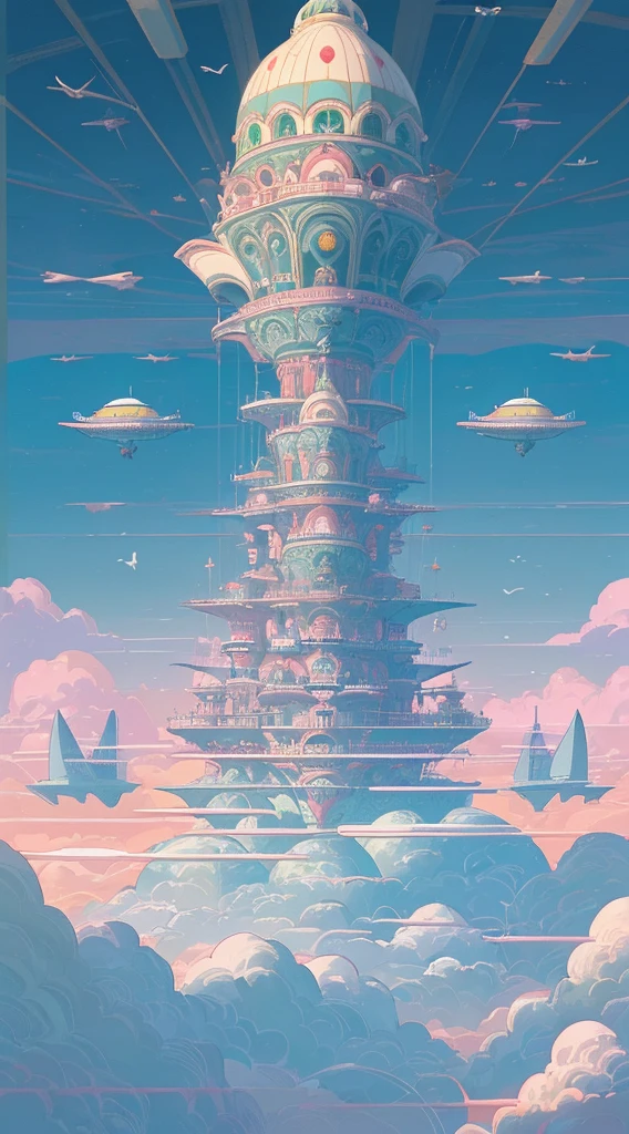 A kooky and whimsical image of a futuristic world, designed in Wes Anderson’s signature symmetrical style with high saturation colors. The world is populated by fantastical and unusual architecture, with towering spires and bulbous domes painted in bright pinks, greens, and blues. The buildings are laid out symmetrically, creating a sense of order and balance in the bustling metropolis. The sky is filled with airships and flying cars, moving in a sublime, labyrinthine pattern. AI-driven robots in sleek white hover around delivering parcels, while giant, luminescent sea creatures made of plastic float slowly through the sky. The colors in this utopia are rich and saturated, with pastel pinks and blues contrasting against vivid greens and yellows. Everything is meticulously arranged, as evidence by the neat rows of buildings and the orderly traffic in the sky. Overall, the image captures the essence of Wes Anderson's style, with its symmetry and bright, quirky design elements. It is a playful and whimsical representation of a futuristic world, where anything seems possible and the sky is the limit.