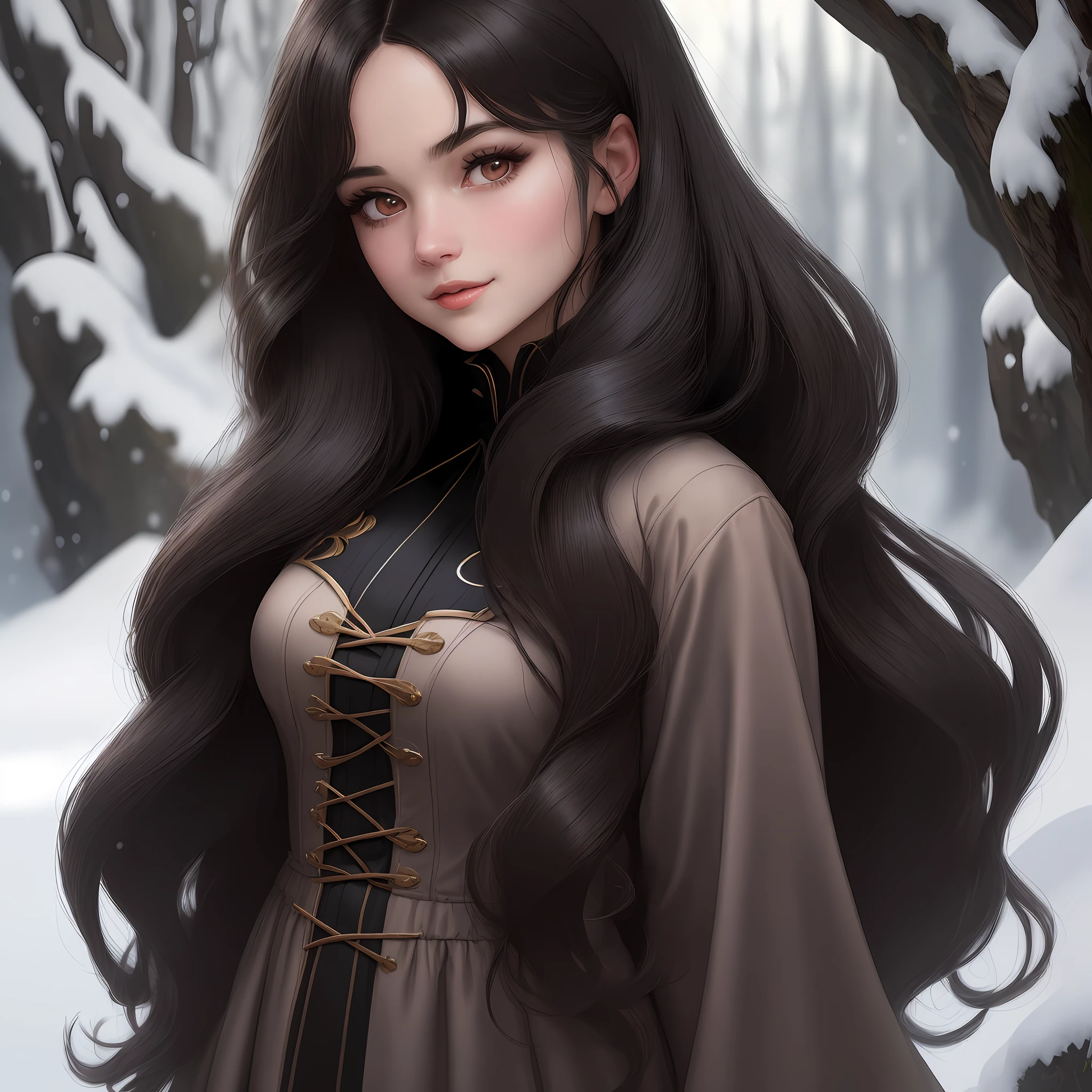 A brunette girl is presented in comic book style, Her hair is depicted as long black hair that is thick and shiny, It fell behind her like a black waterfall. Her eyes were bright and spirited, Outlined in deep black, Exudes an atmosphere of confidence and calmness. Her face is soft and delicate, Skin is as pure as snow, It reveals a mysterious and noble temperament. Her lips were rosy and full, Slightly upward, With a hint of a mysterious smile. She wears a stylish comic-book style outfit, Showcasing her unique personality and fashion taste. This brunette exudes charm in the world of comics with her mystery and nobility., rococo style, anime style, masterpiece, super detail