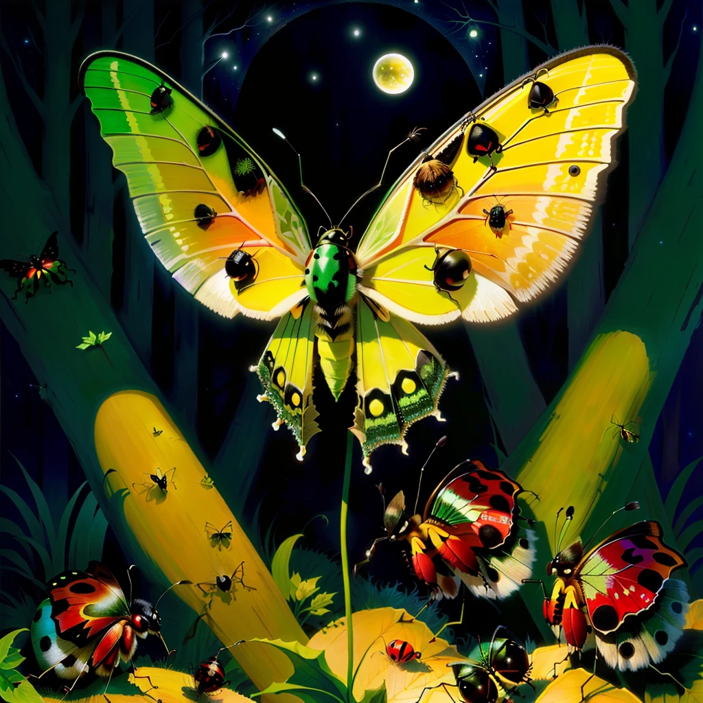 Luna moth, Ants, Anthill, forest, fireflies, ladybug