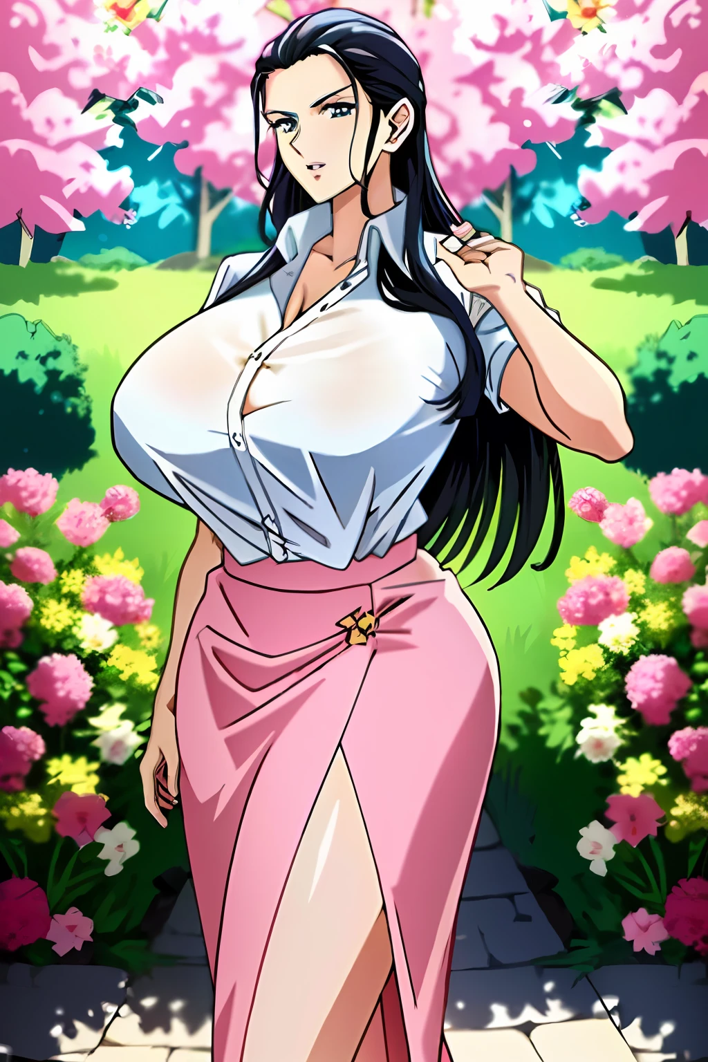 ((Best quality and masterpiece: 1.2)), nico robin, busty body, highly detailed, big breasts, hair slicked back, (white shirt:1.2), (pink skirt:1.2), perfect body, perfect body parts, high saturation, beautiful face, detailed face, detailed eyes, highres Anime screencap, standing, garden background, cowboy shot