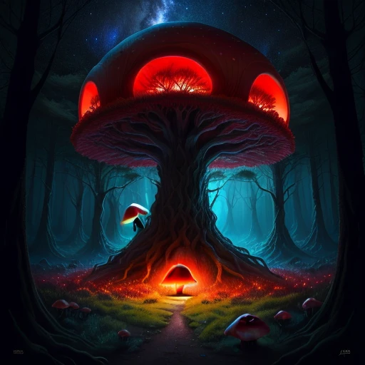 An anthill in the shape of a red mushroom in a magical setting, dark and gloomy forest, fireflies in the trees, starry night, 4K realistic-imagine