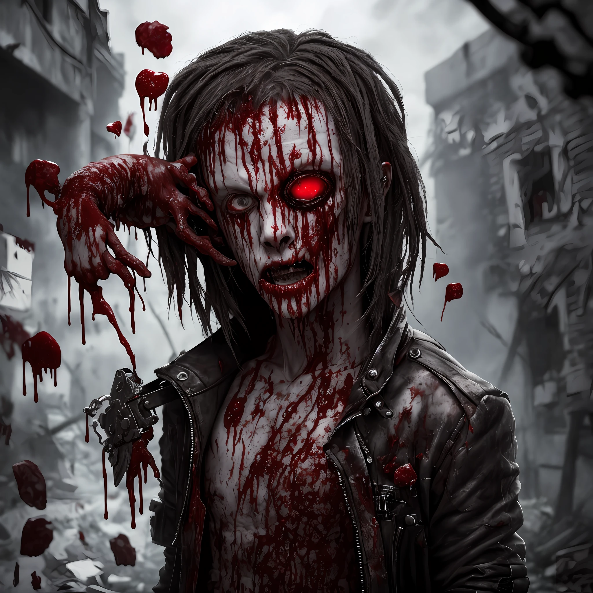 Image 8k, deformed boy, covered in blood and with torn clothes, eating a heart, terror environment