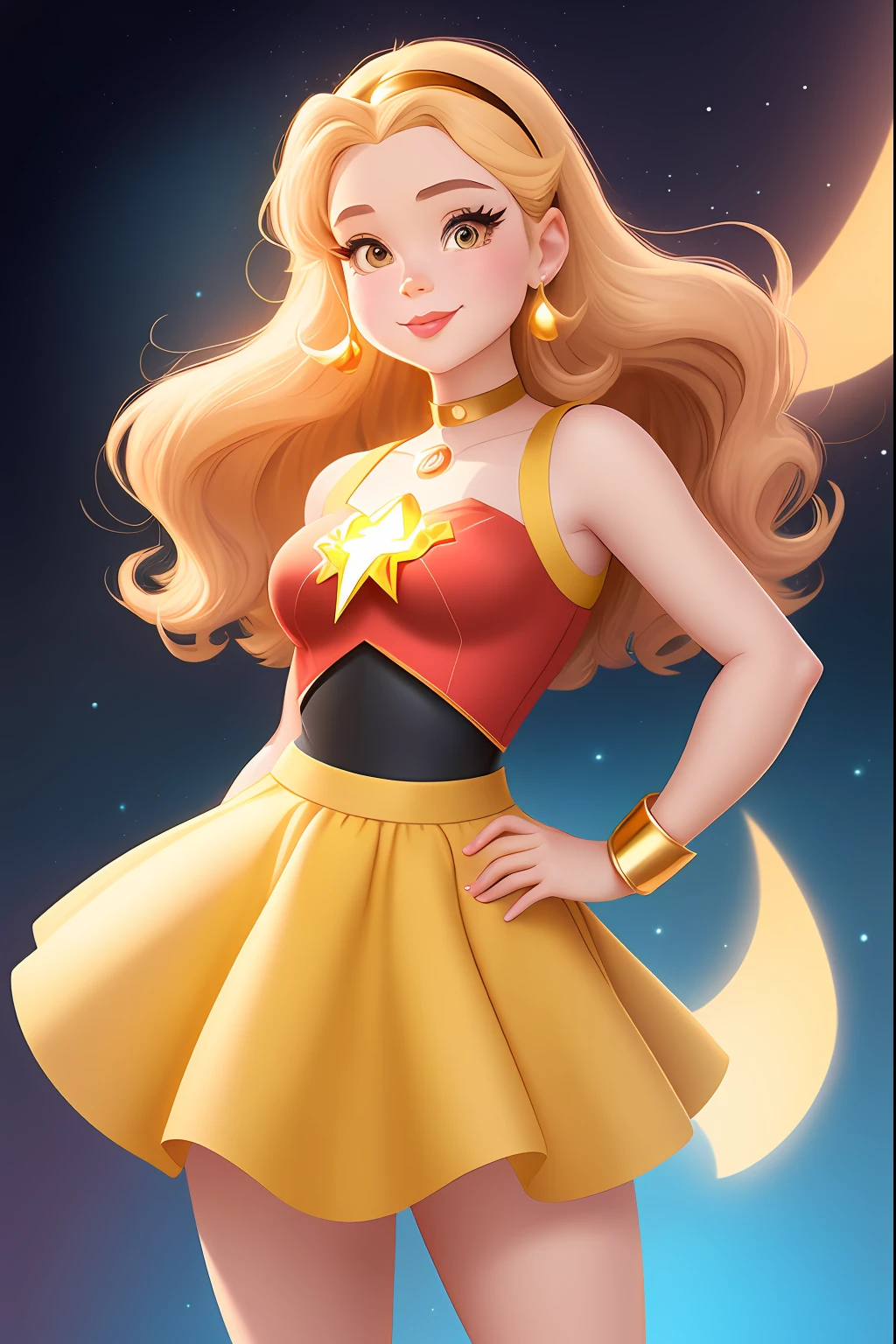 a cartoon girl in a yellow skirt and a gold top, disney art style, disney artstyle, inspired by JoWOnder, cute digital art, cartoon art style, art in the style of disney, princess intergalactica, cartoon artstyle, in style of disney animation, portrait of modern darna, rossdraws cartoon vibrant, cute detailed digital art, cartoon digital art