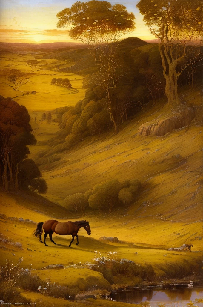 ((((Pre-Raphaelite painting))) beautiful wild horse prancing it, a hill in a Celtic landscape in the background, sunset, golden tones