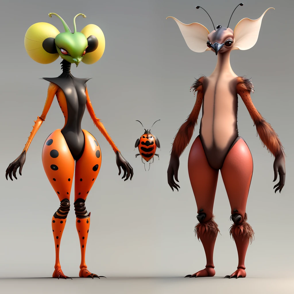 Wearing an unusual outfit, a pair of alien-world fantasy creatures of one species but both sexes takes up the entire frame, they both have the features of a variety of creatures, including a bipedal fantasy creature/([grey alien:human:0.1], [human:chicken:0.2], [chicken:goose:0.3], [goose:ladybug:0.4], [ladybug:kangaroo:0.6] [kangaroo:bipedal fantasy creature in a psychedelic outfit:0.8]/) (lushill style) (3D) (male and female dimorphism) (blank background)