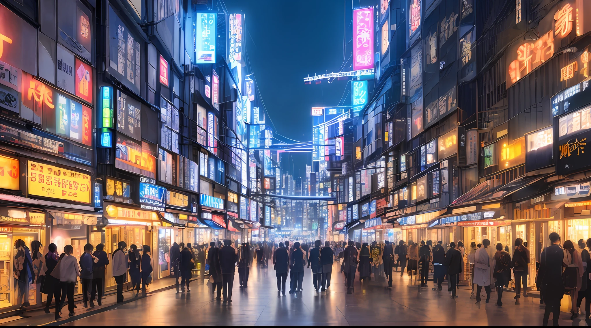 (best illumination, an ultra-realistic and detailed masterpiece), dazzling city lights, neon signs and skyscrapers, (crowded streets and bustling alleyways), midnight blue darkness, the vibrant energy of Tokyo at night.
