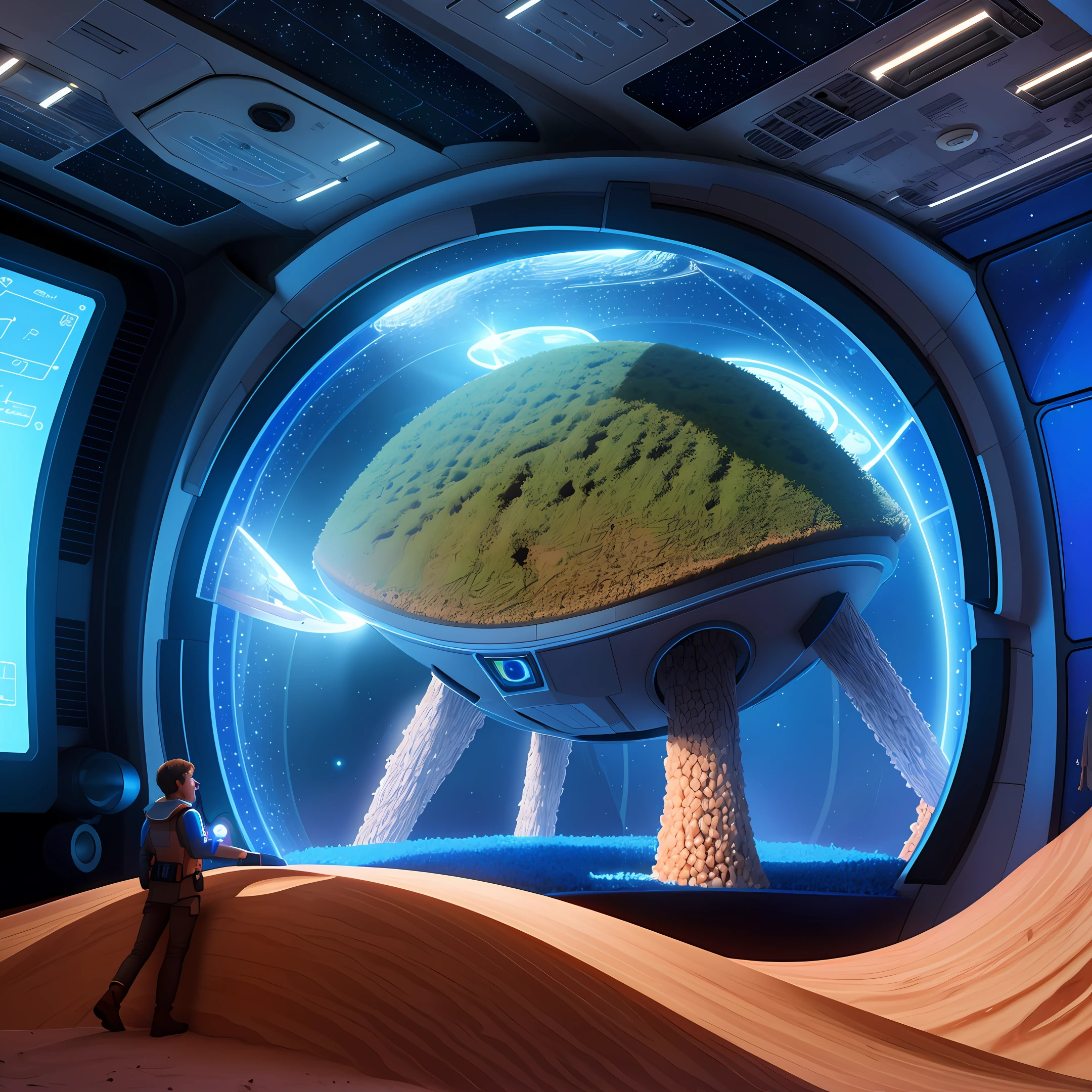 viewing a virtual 3d hologram of an anthill while aboard a spaceship, star wars, science fiction, realistic, blue glow