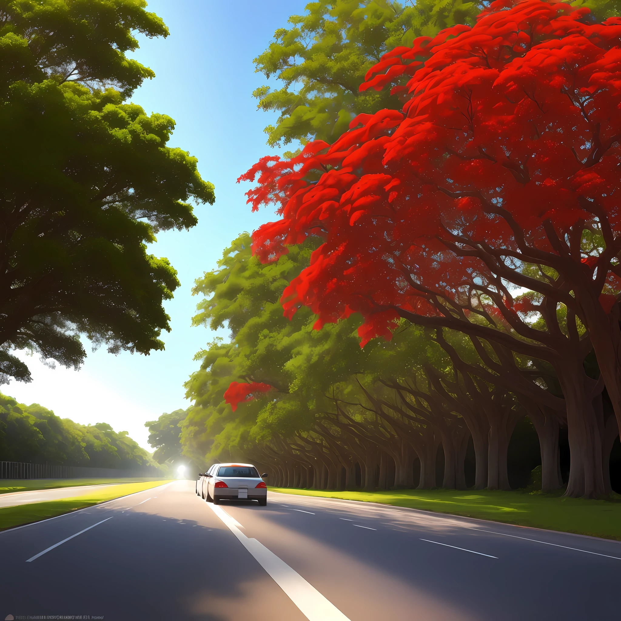 Royal Poinciana tress adorning two sides of a long wide road, warm sunlight