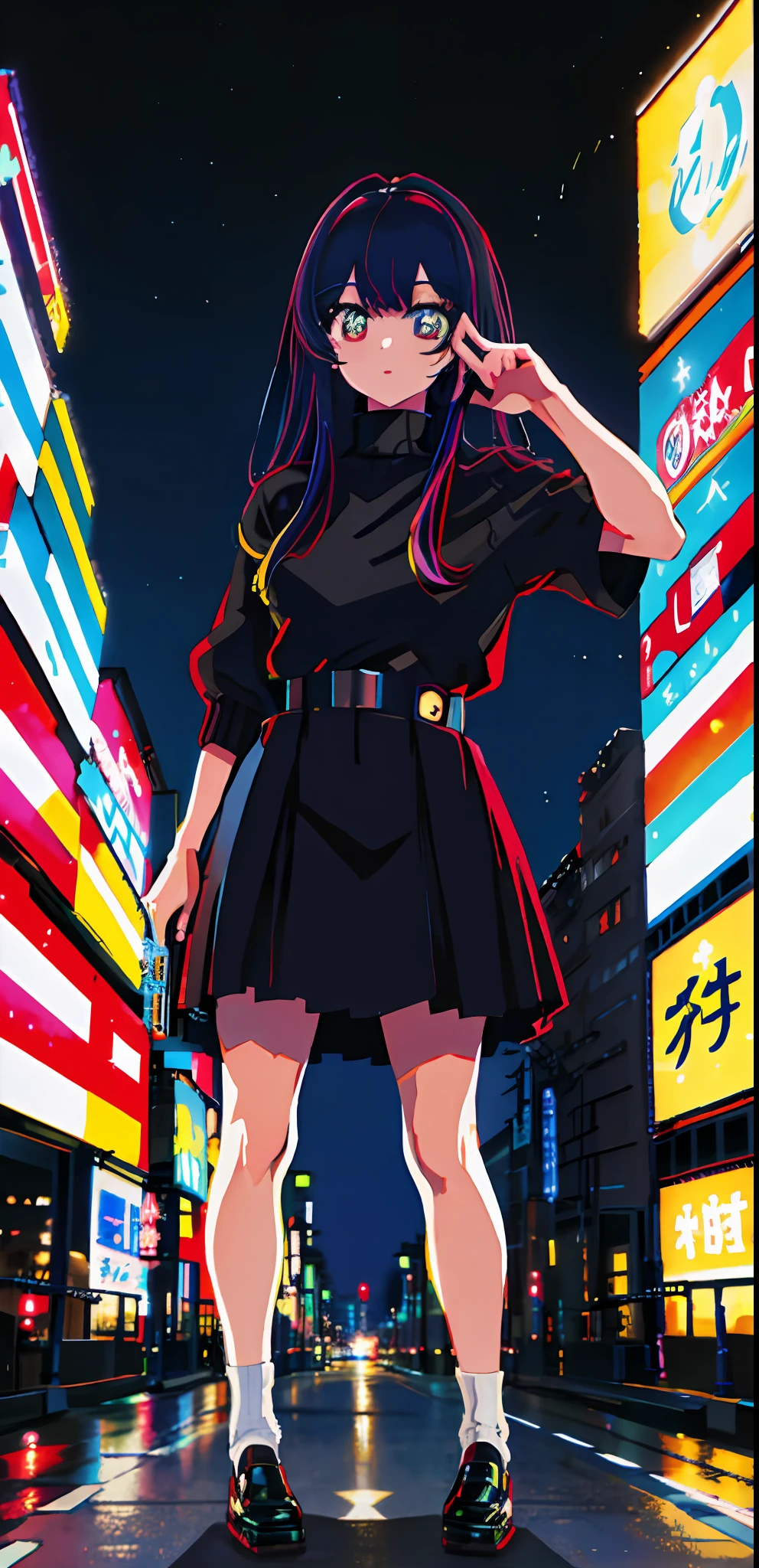 1girl, solo, black sweater uniform, bangs,happy,posing, multicolored hair, (masterpiece:1.2), highres, best quality, 8k, Night neon city Tokyo background, white hair