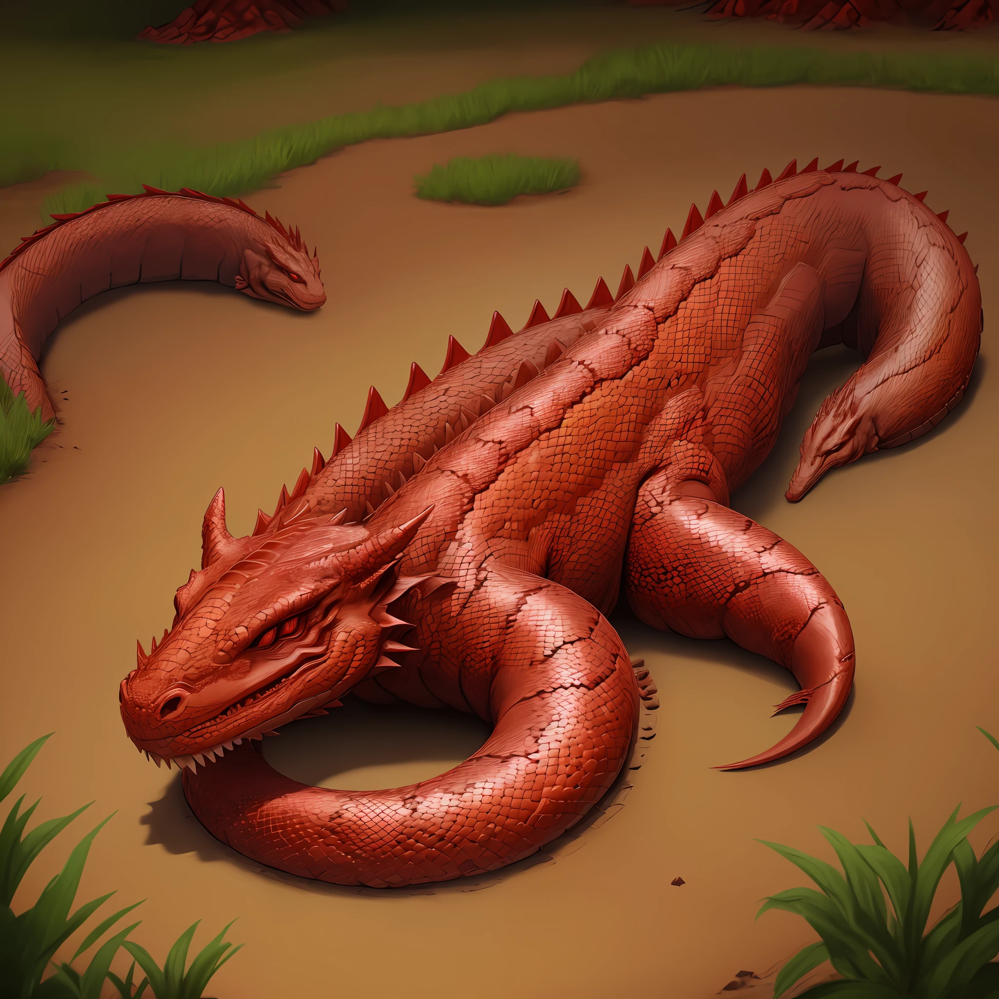 Great red dragon, crouching on itself like a snake, lying on a mound of earth with holes underneath.