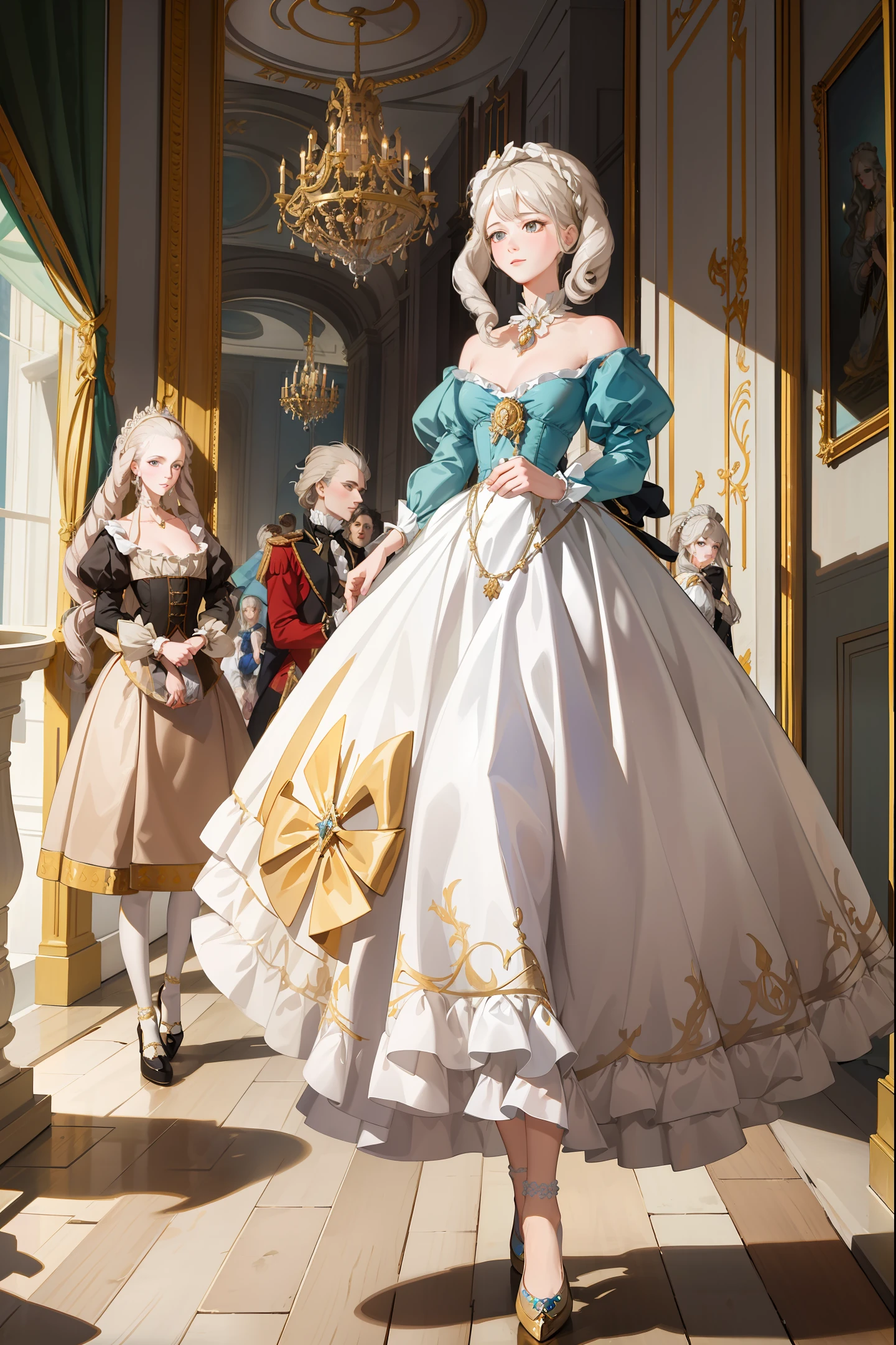 A selfie of Marie Antoinette walking in the Palace of Versailles in 1774, with the French queen surrounded by her courtiers and wearing a beautiful dress and a powdered wig.