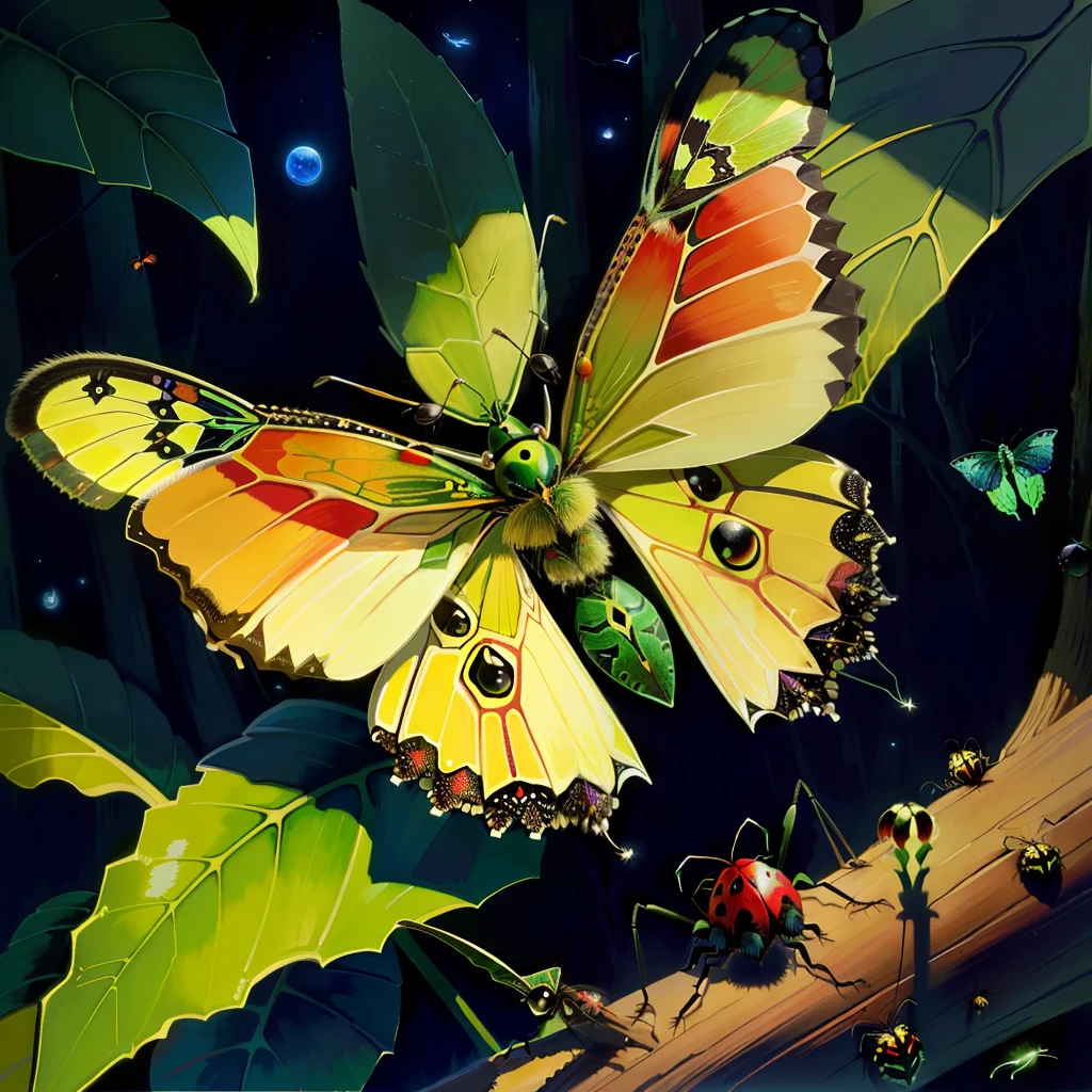Luna moth, Large Ants, Large Anthill, forest, fireflies, ladybug