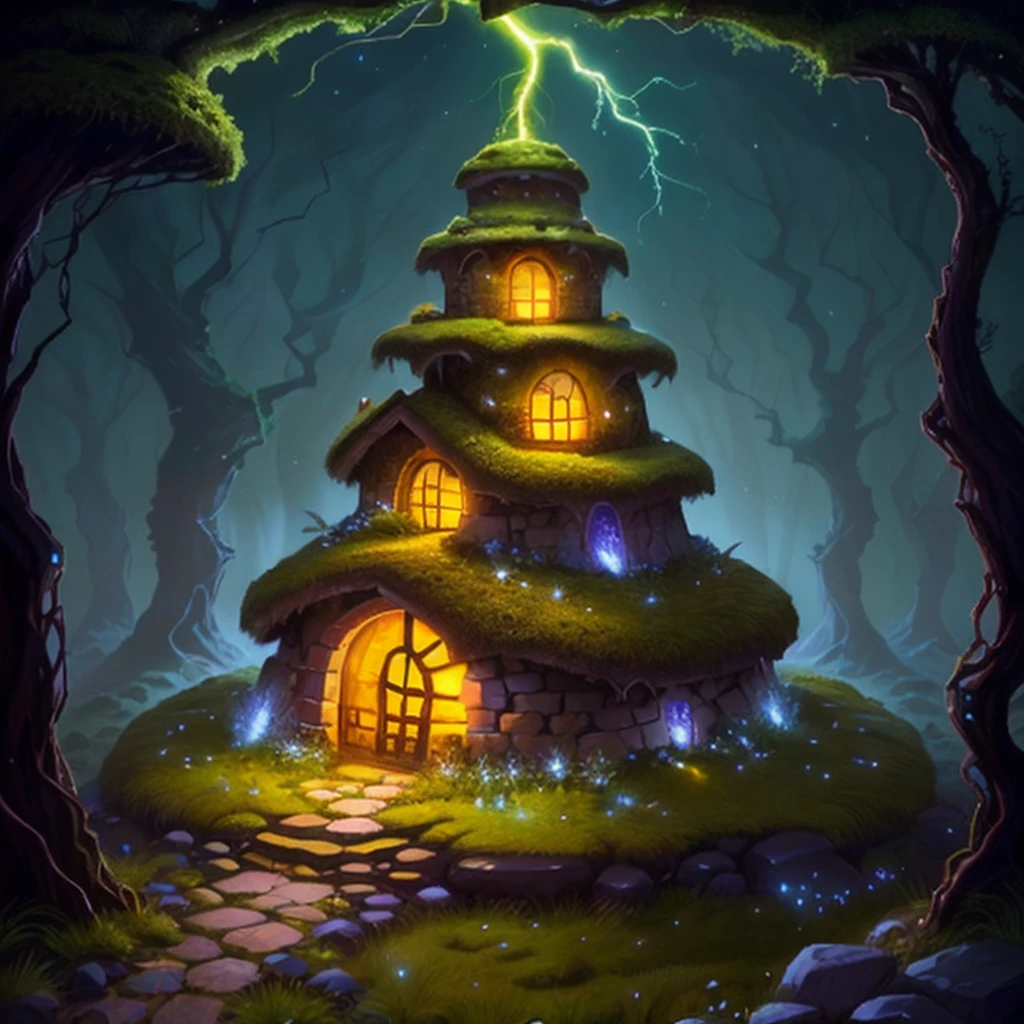 anthill on a pile of stones overgrown with moss. smooth lightening. midnight. golden glitter in the air